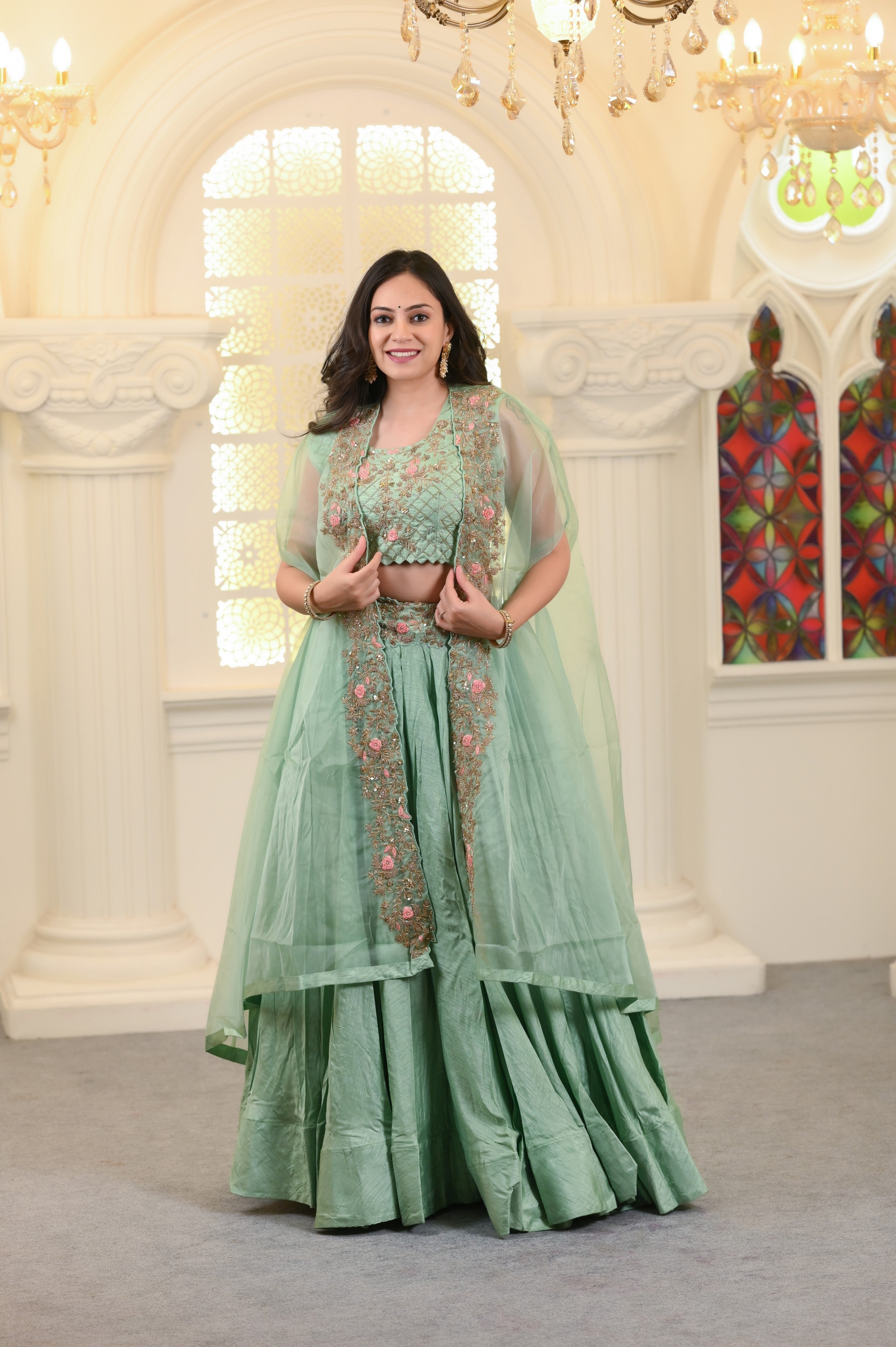 Sea Green Silk and Organza Cape Lehenga Set