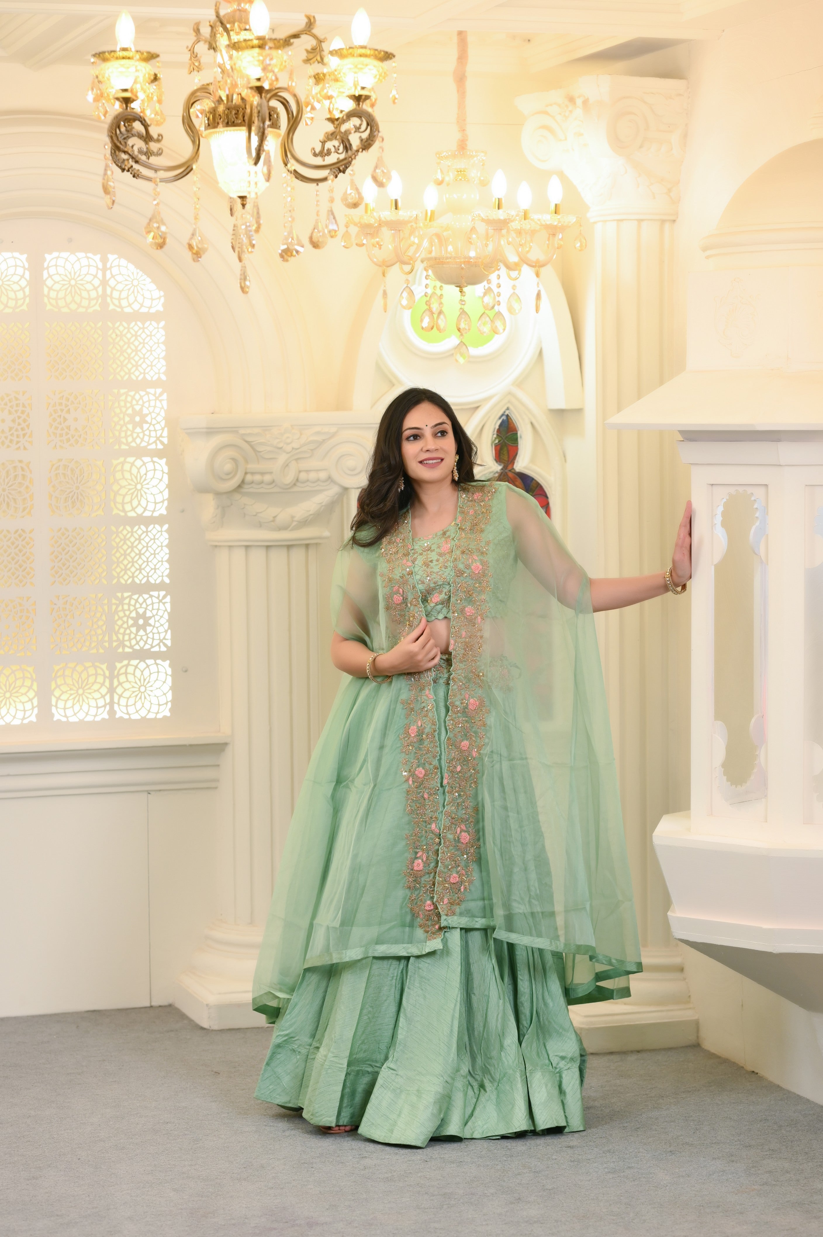Sea Green Silk and Organza Cape Lehenga Set