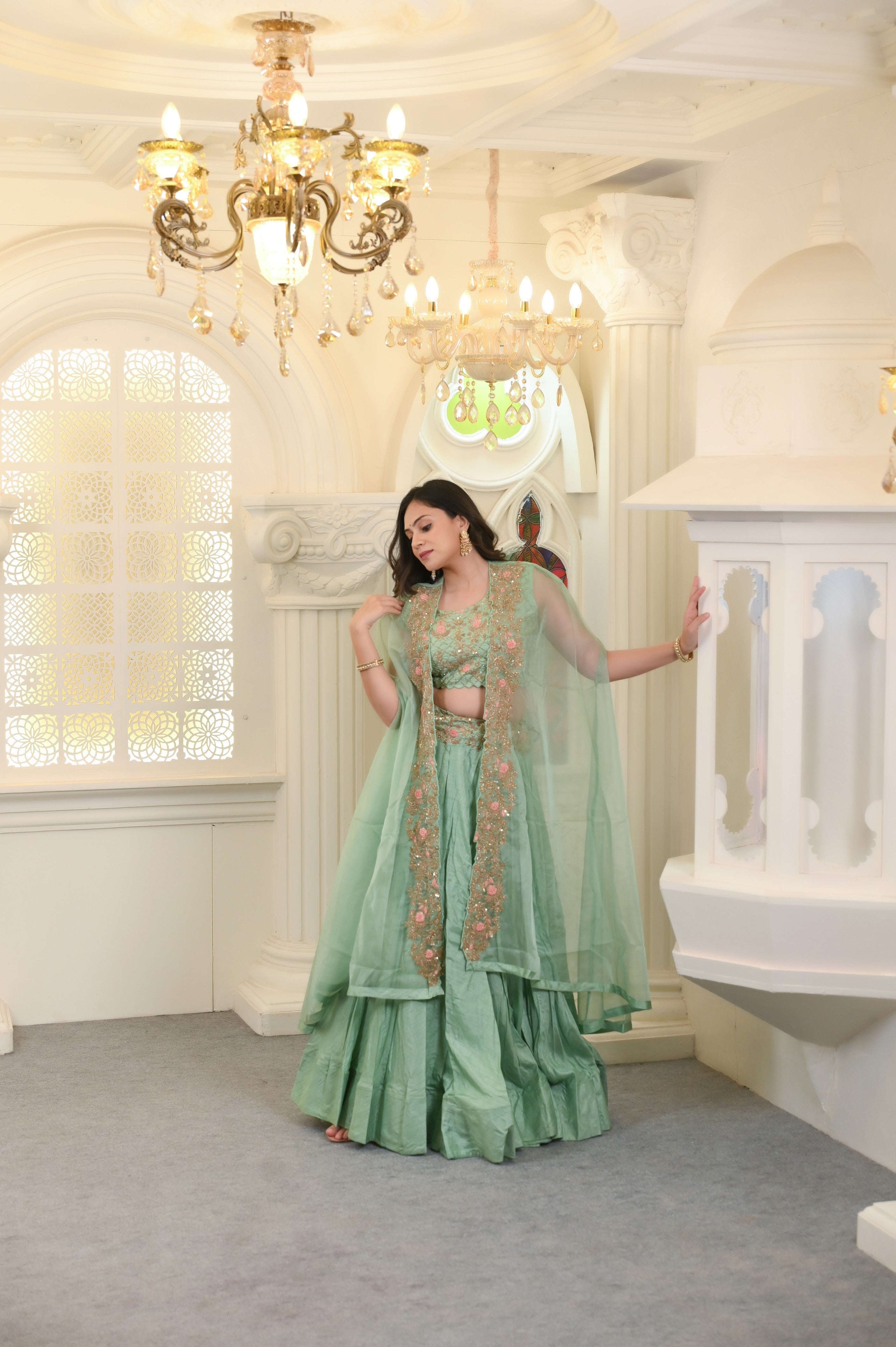 Sea Green Silk and Organza Cape Lehenga Set