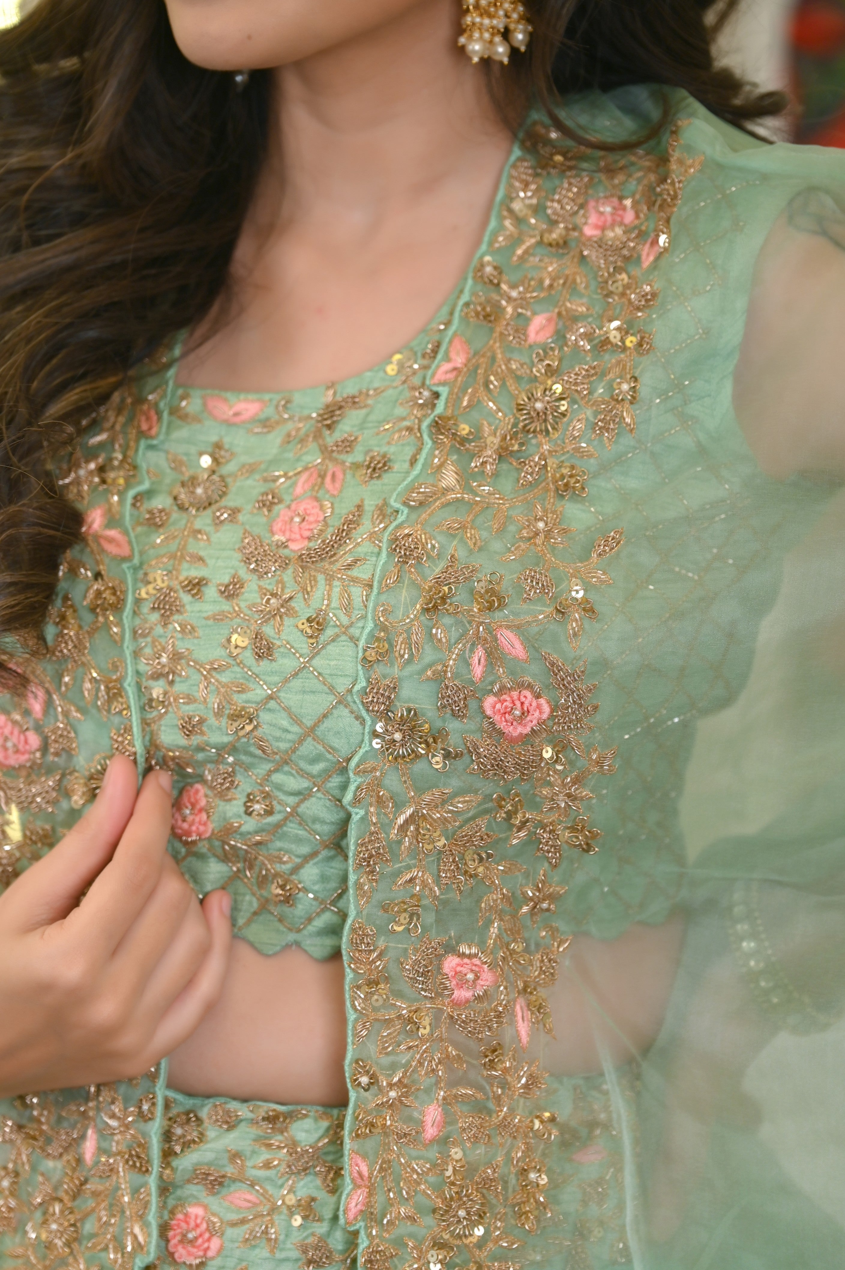 Sea Green Silk and Organza Cape Lehenga Set
