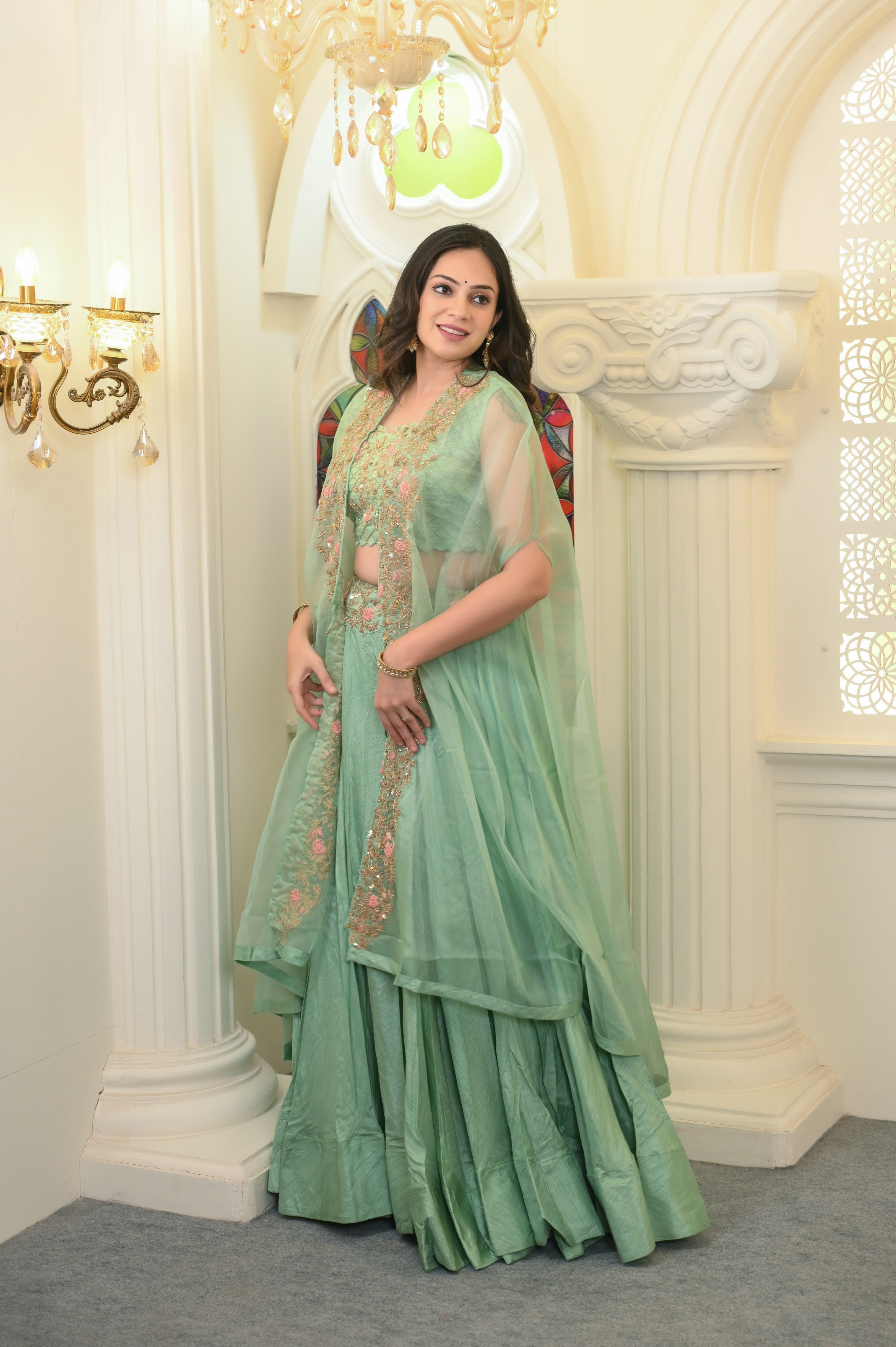 Sea Green Silk and Organza Cape Lehenga Set