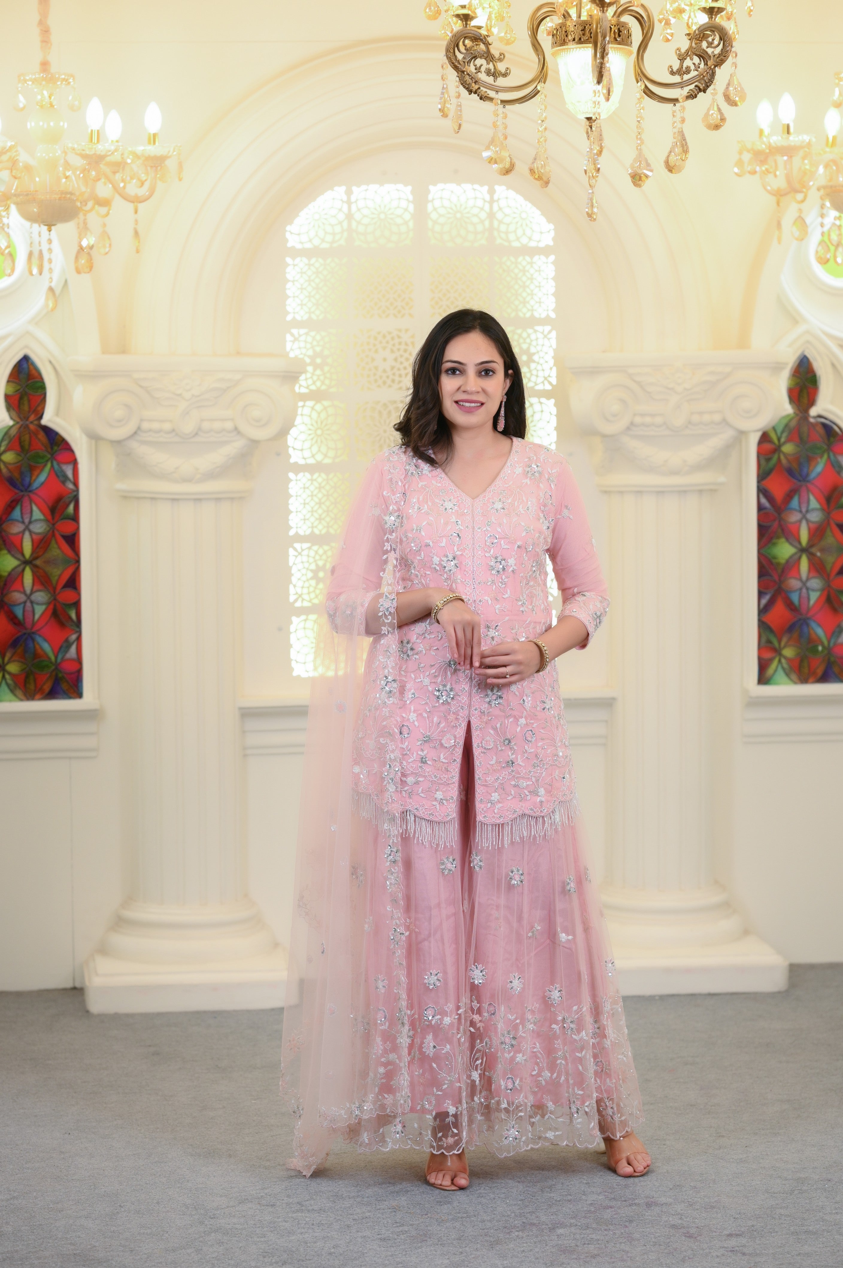 Light Pink Embroidered Peplum Sharara Set