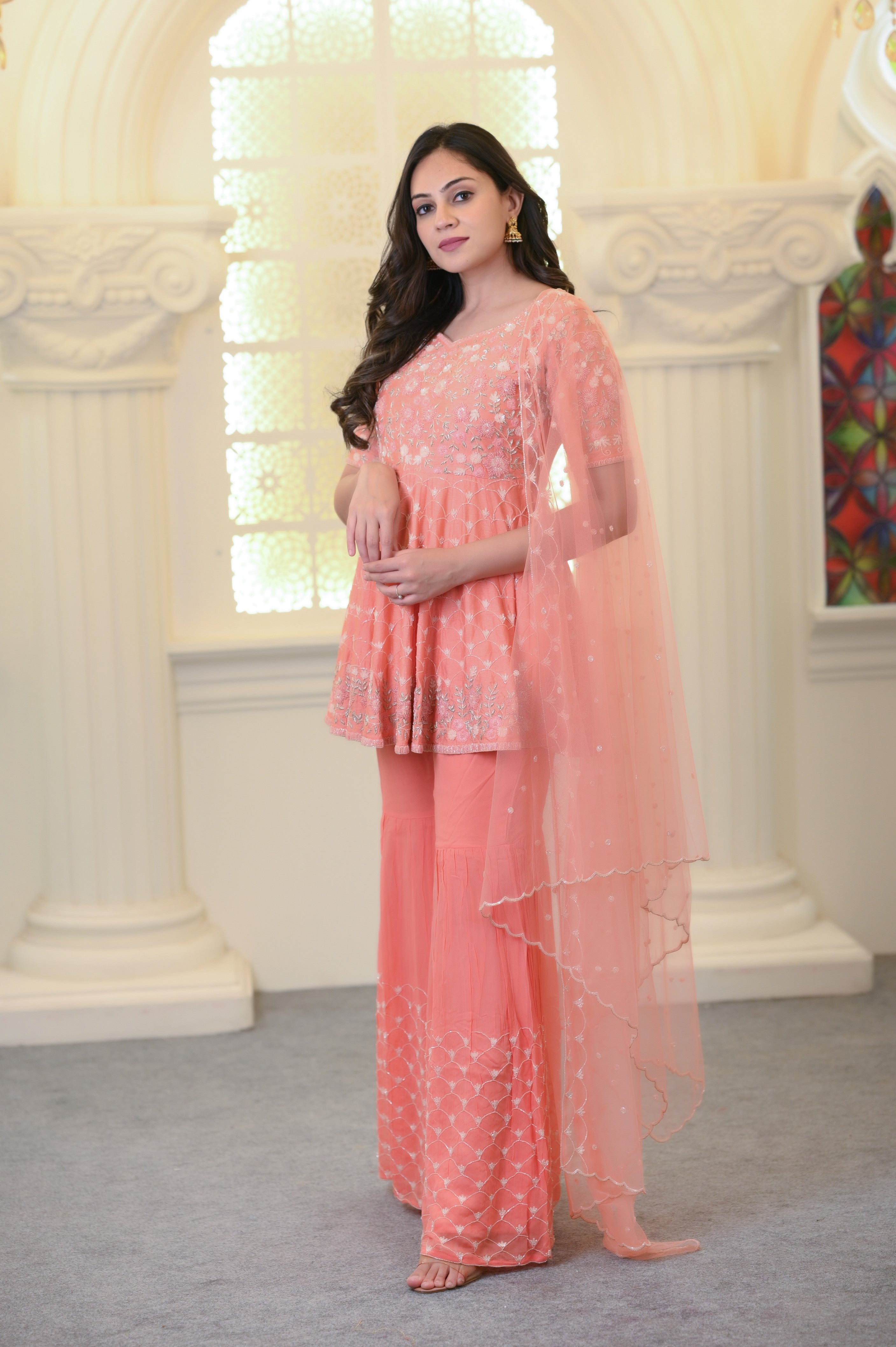 Peach, Embroidered, Silk Based, Peplum Sharara Set