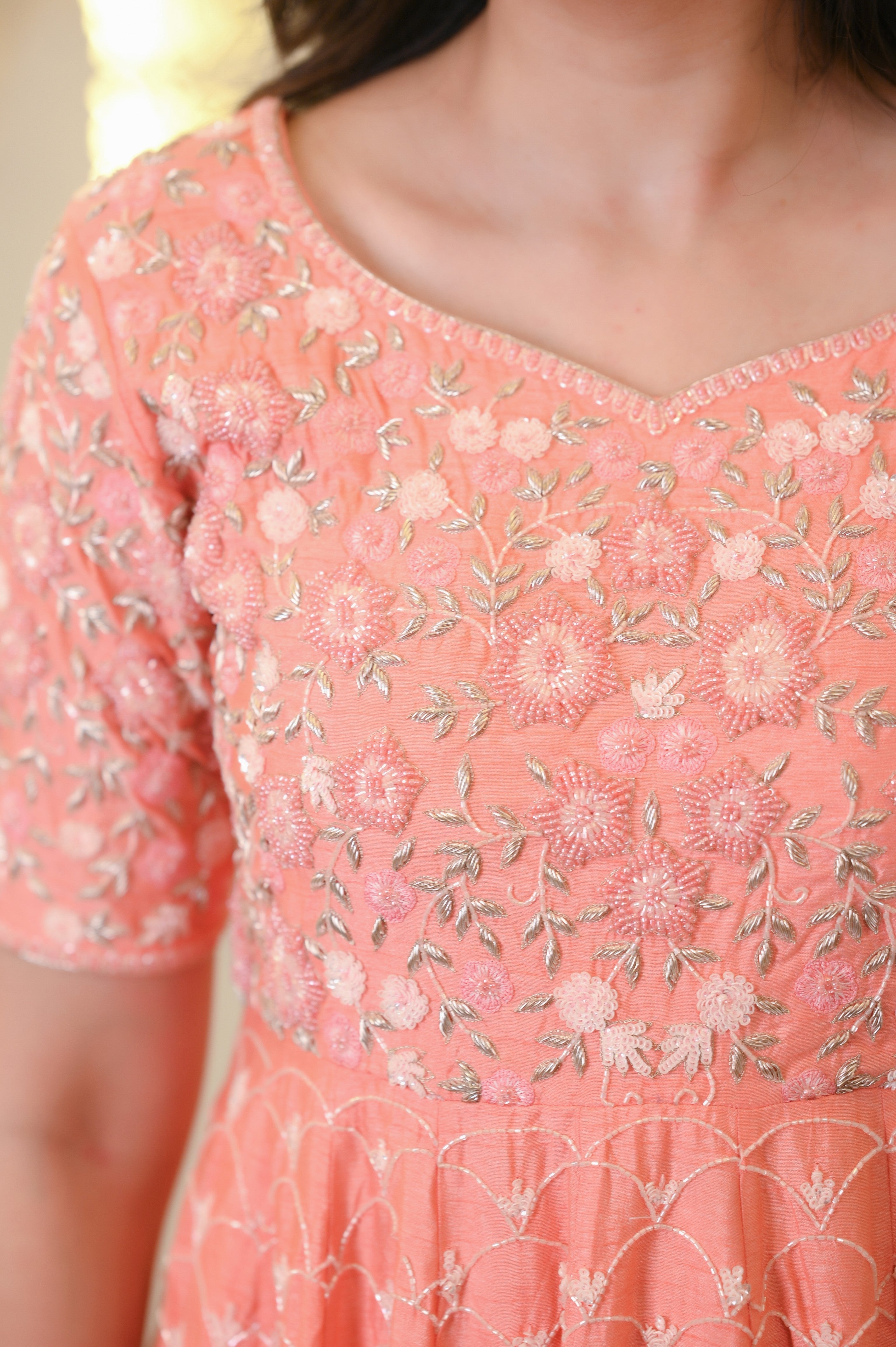Peach, Embroidered, Silk Based, Peplum Sharara Set