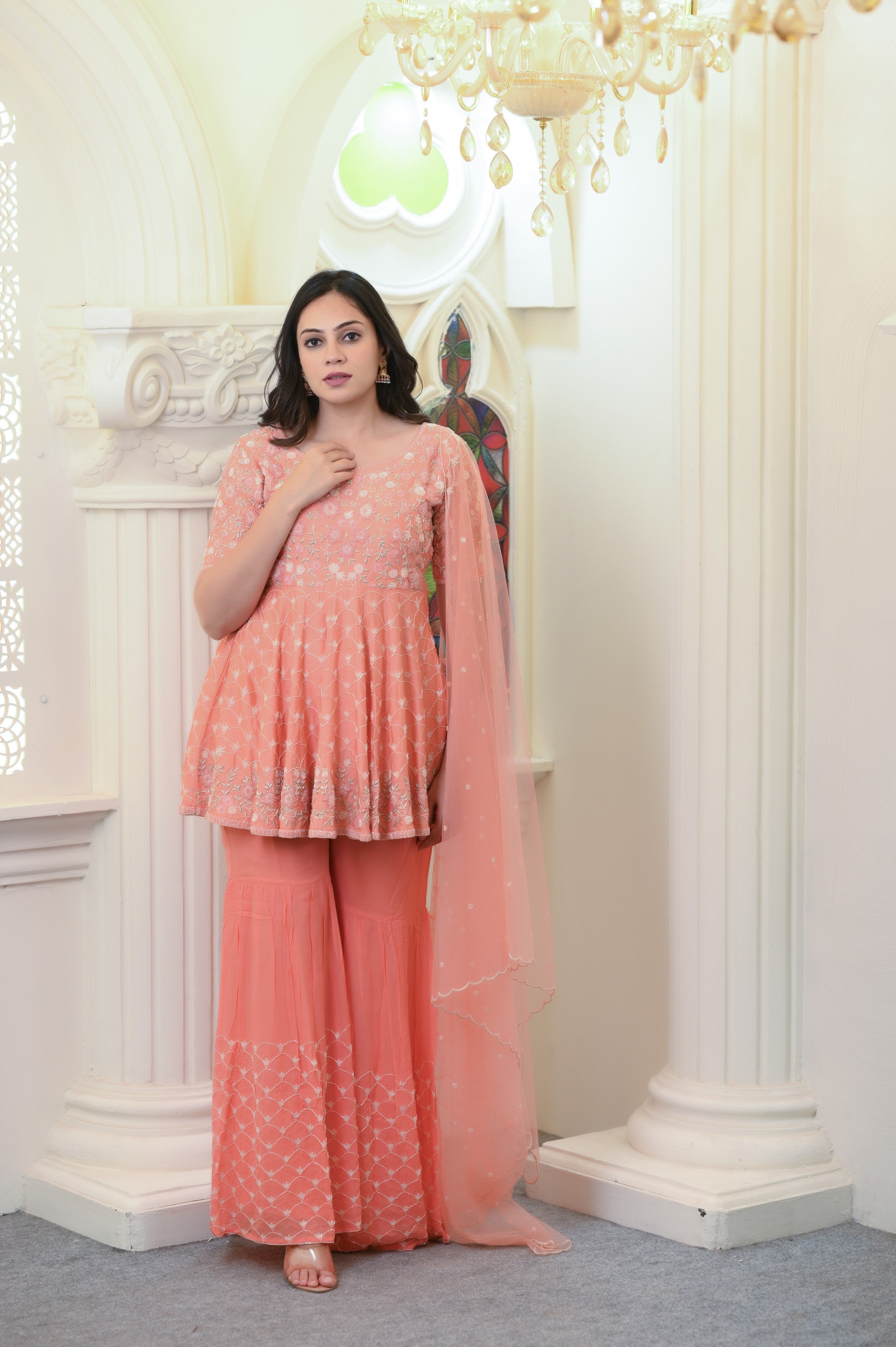 Peach, Embroidered, Silk Based, Peplum Sharara Set