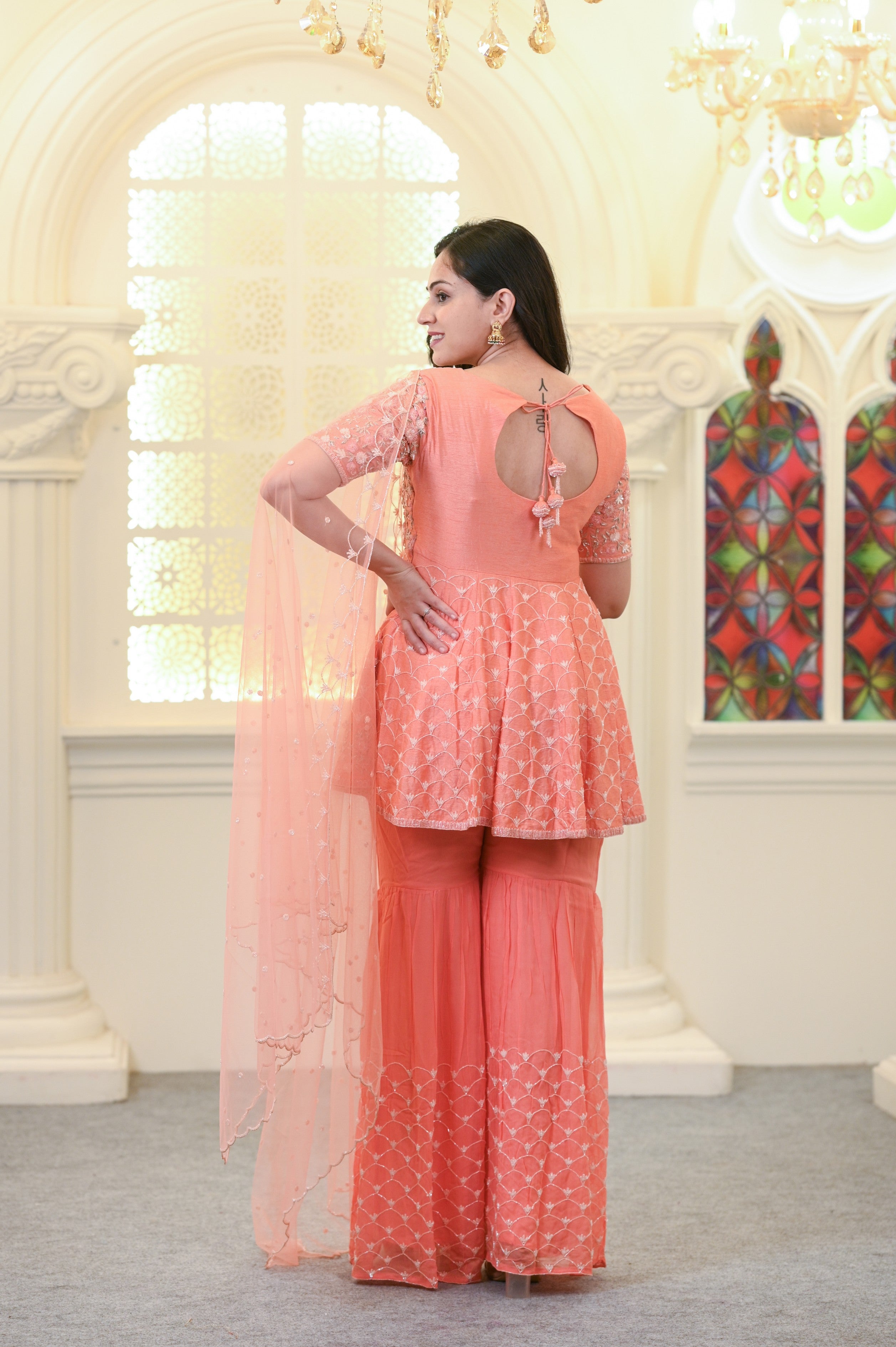 Peach, Embroidered, Silk Based, Peplum Sharara Set
