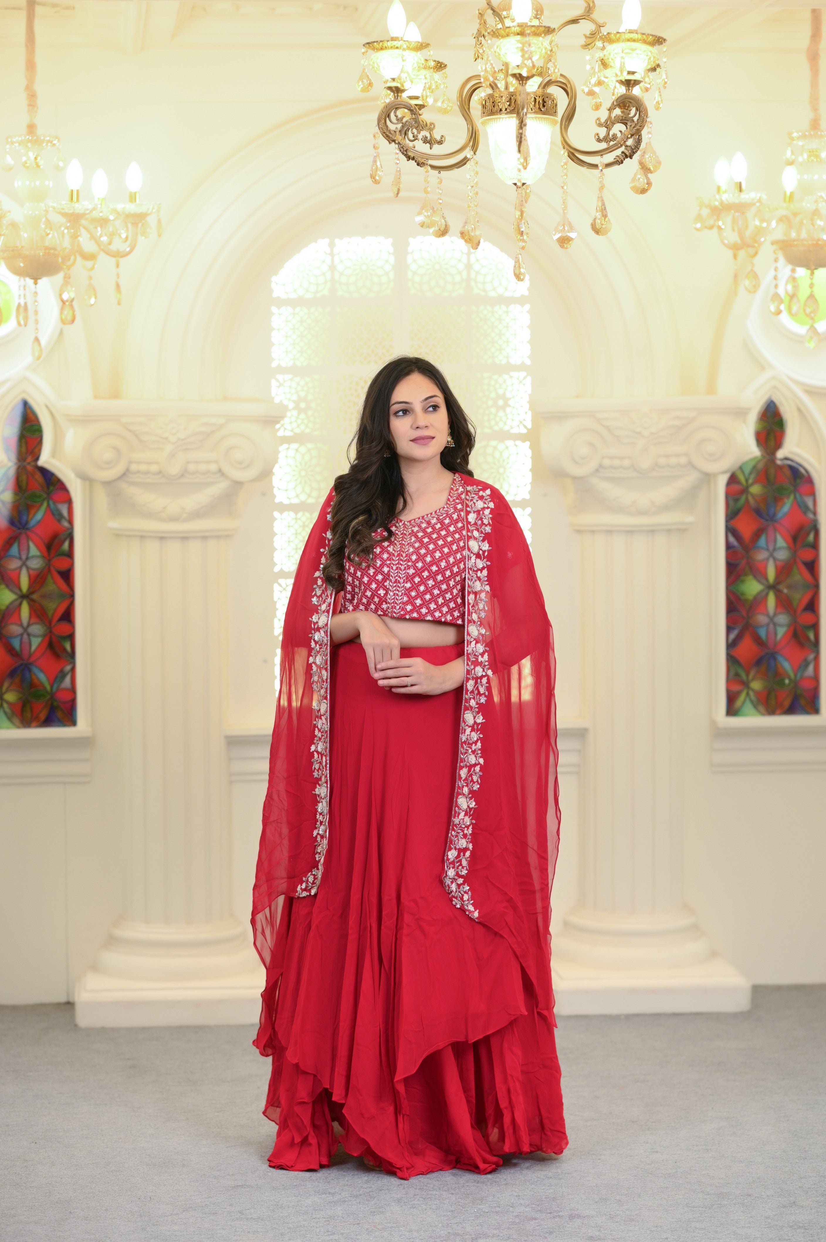Raspberry Pink Georgette Cape Lehenga Set