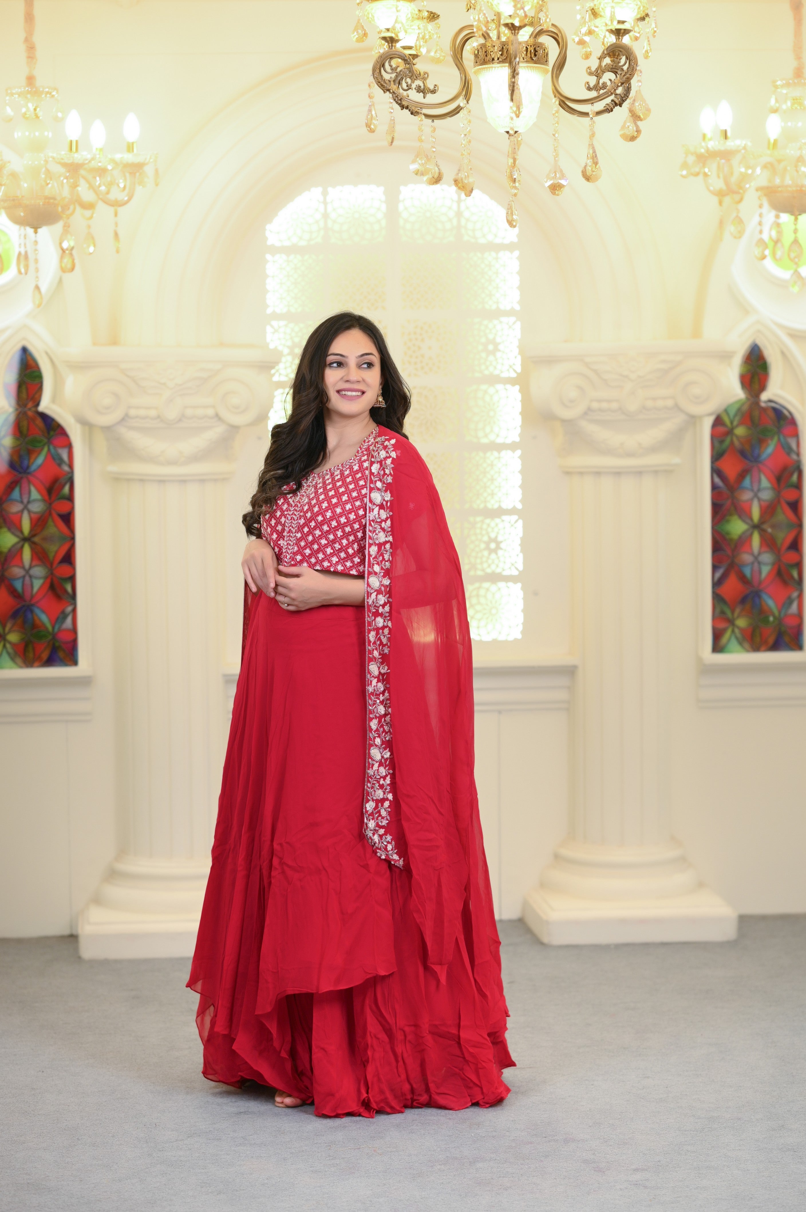 Raspberry Pink Georgette Cape Lehenga Set