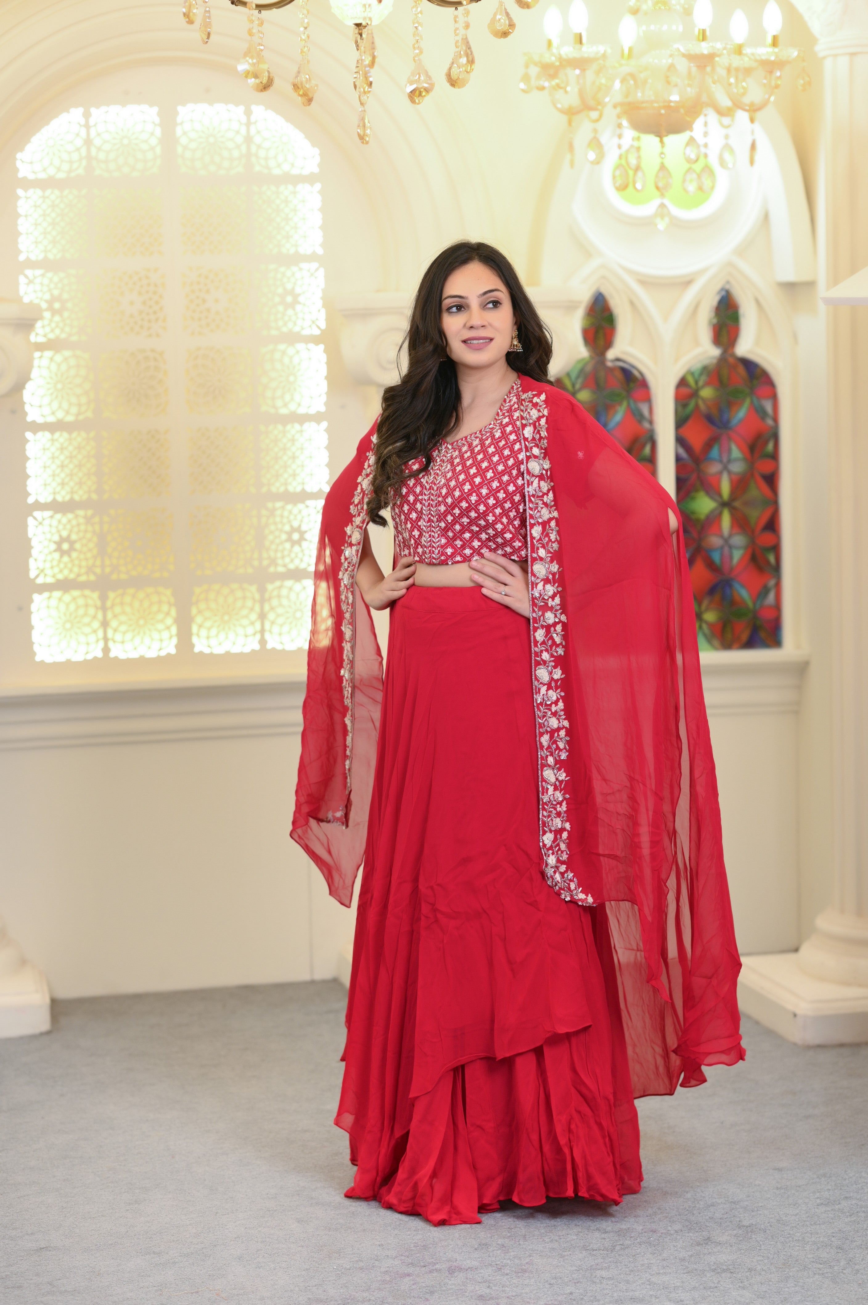 Raspberry Pink Georgette Cape Lehenga Set