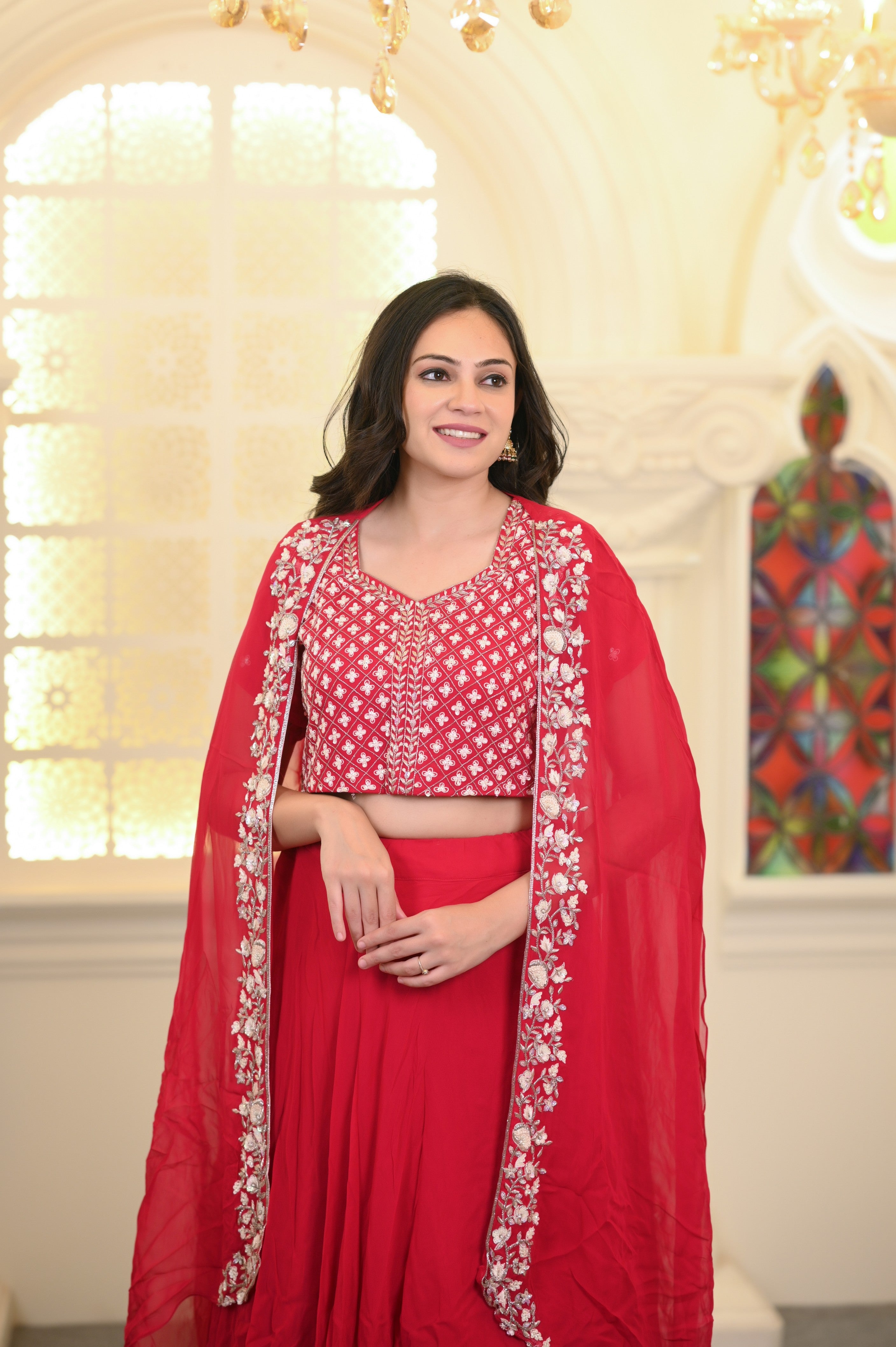 Raspberry Pink Georgette Cape Lehenga Set