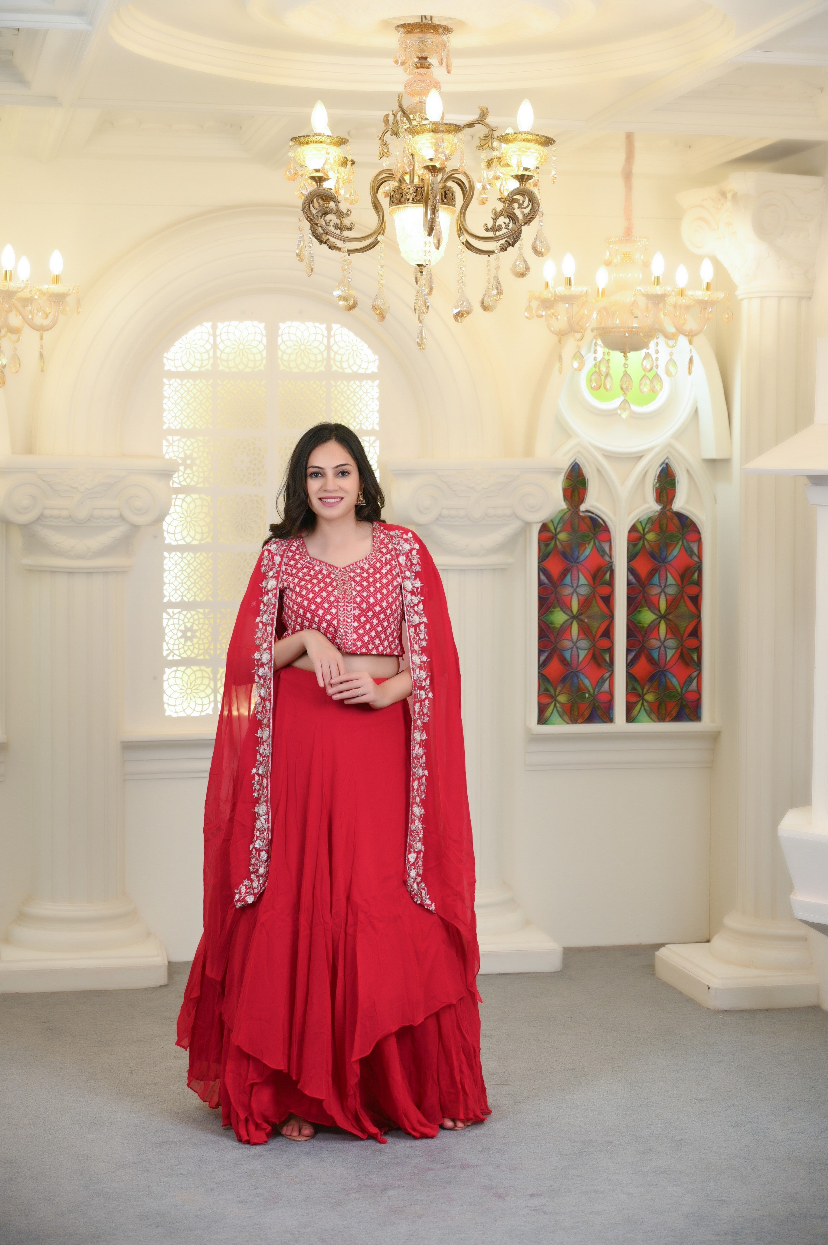 Raspberry Pink Georgette Cape Lehenga Set