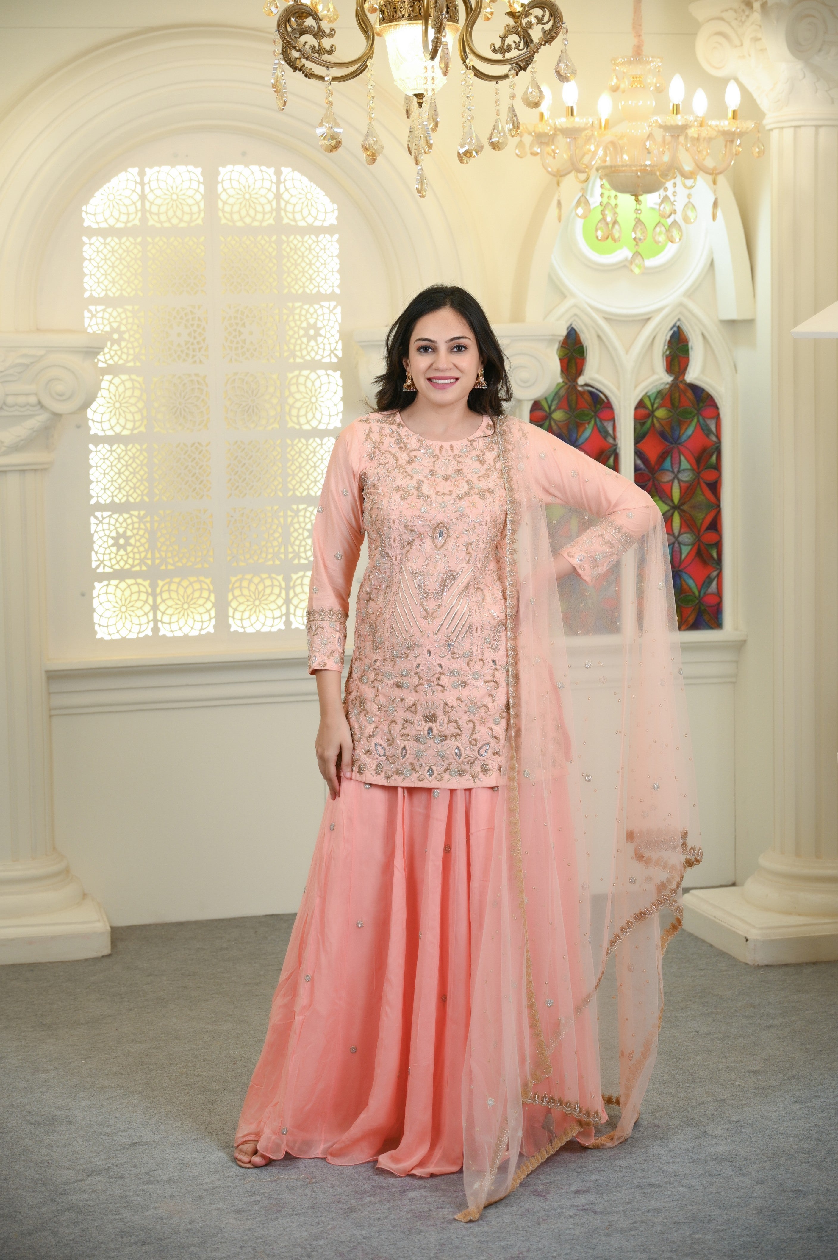 Peach Embroidered Silk Base Kurta And Skirt Set