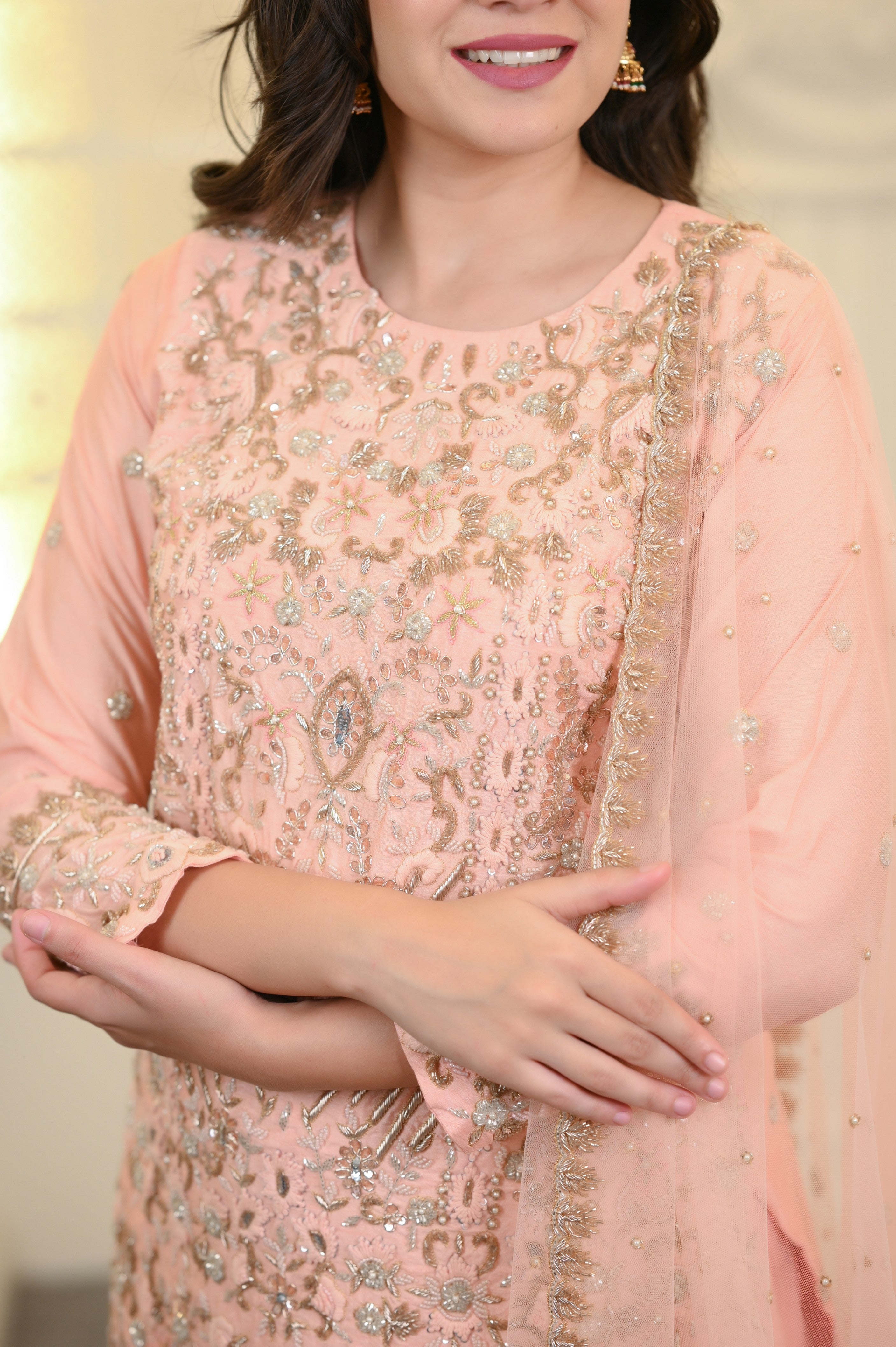 Peach Embroidered Silk Base Kurta And Skirt Set