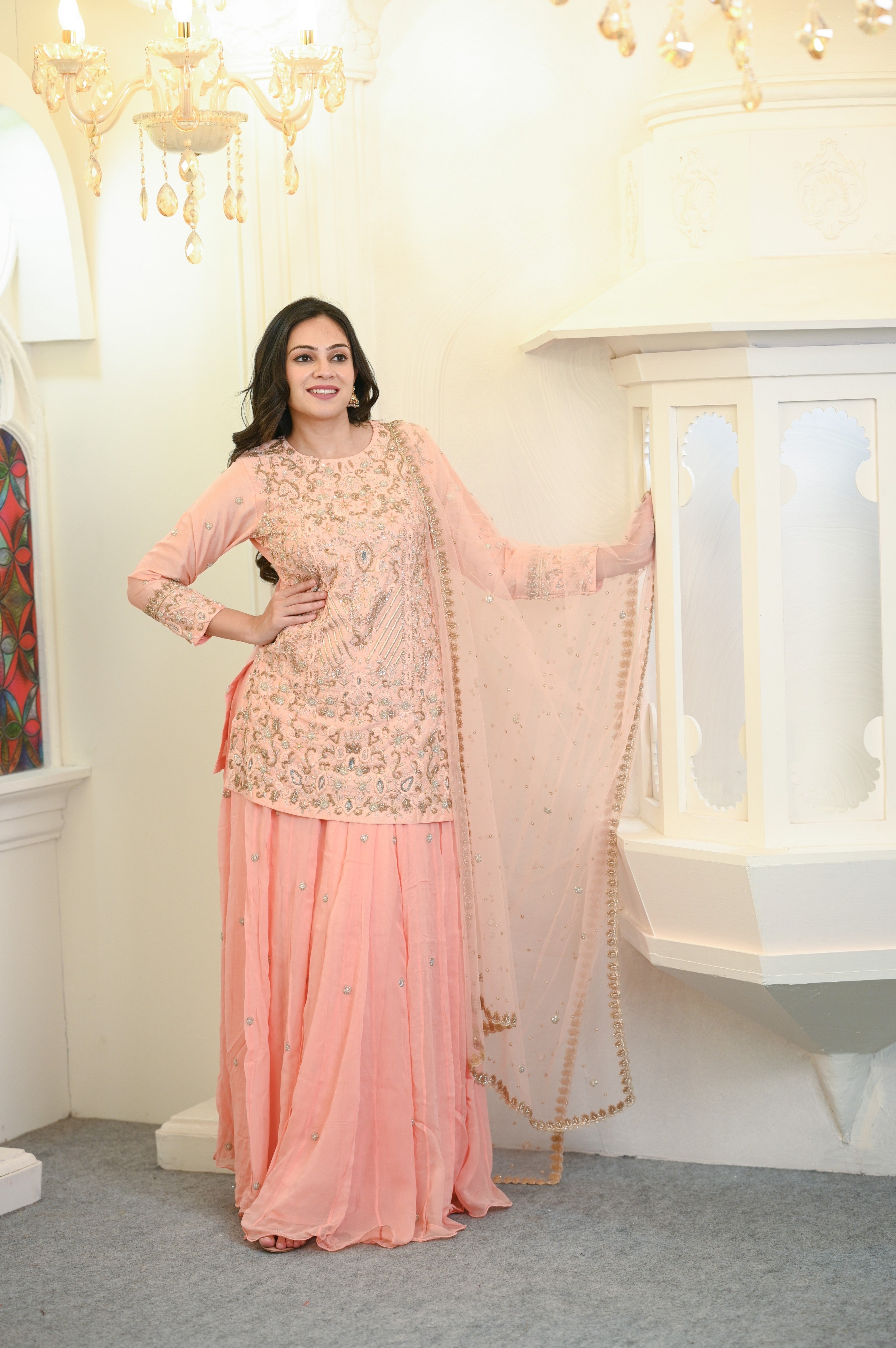 Peach Embroidered Silk Base Kurta And Skirt Set