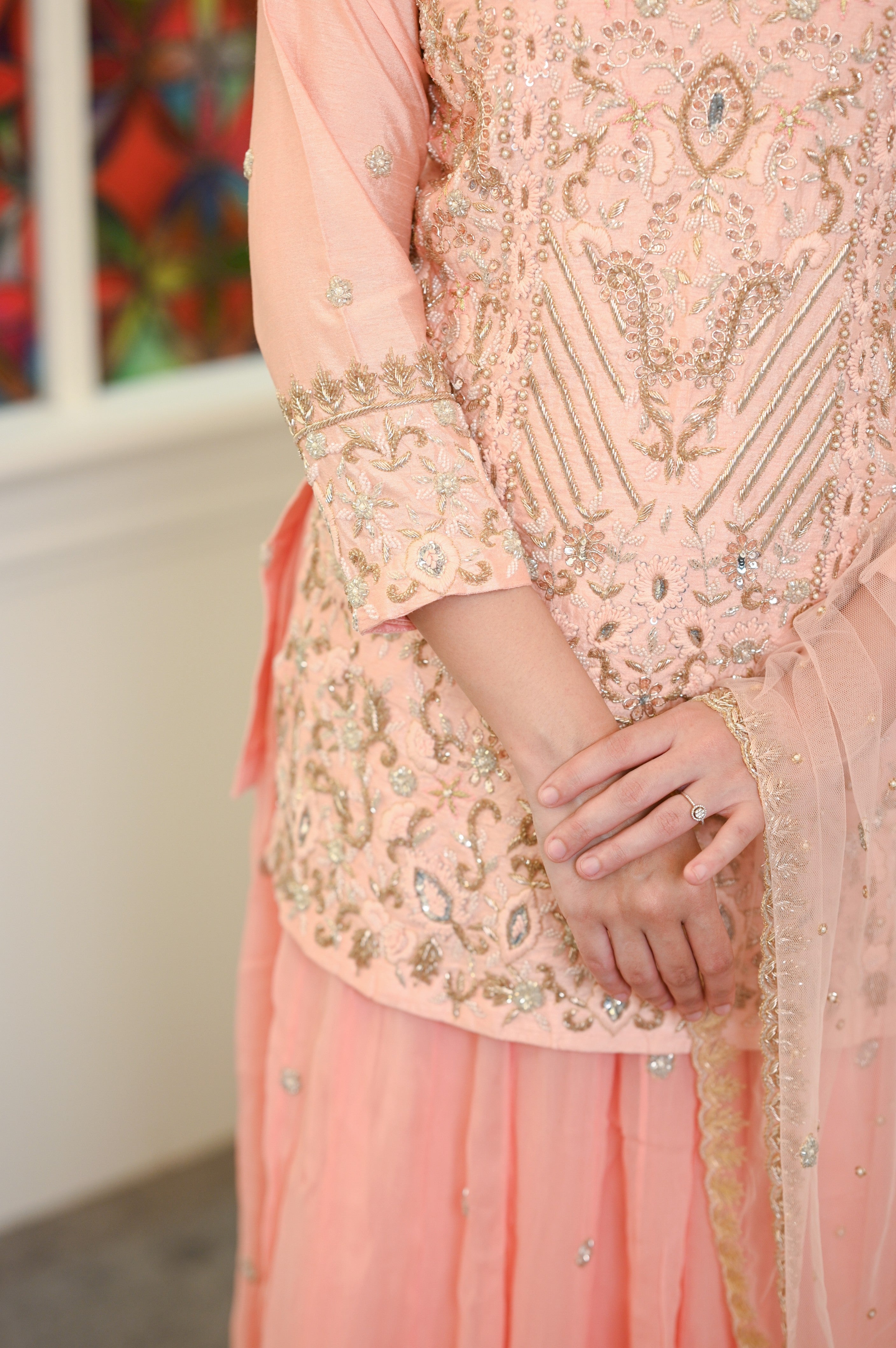 Peach Embroidered Silk Base Kurta And Skirt Set
