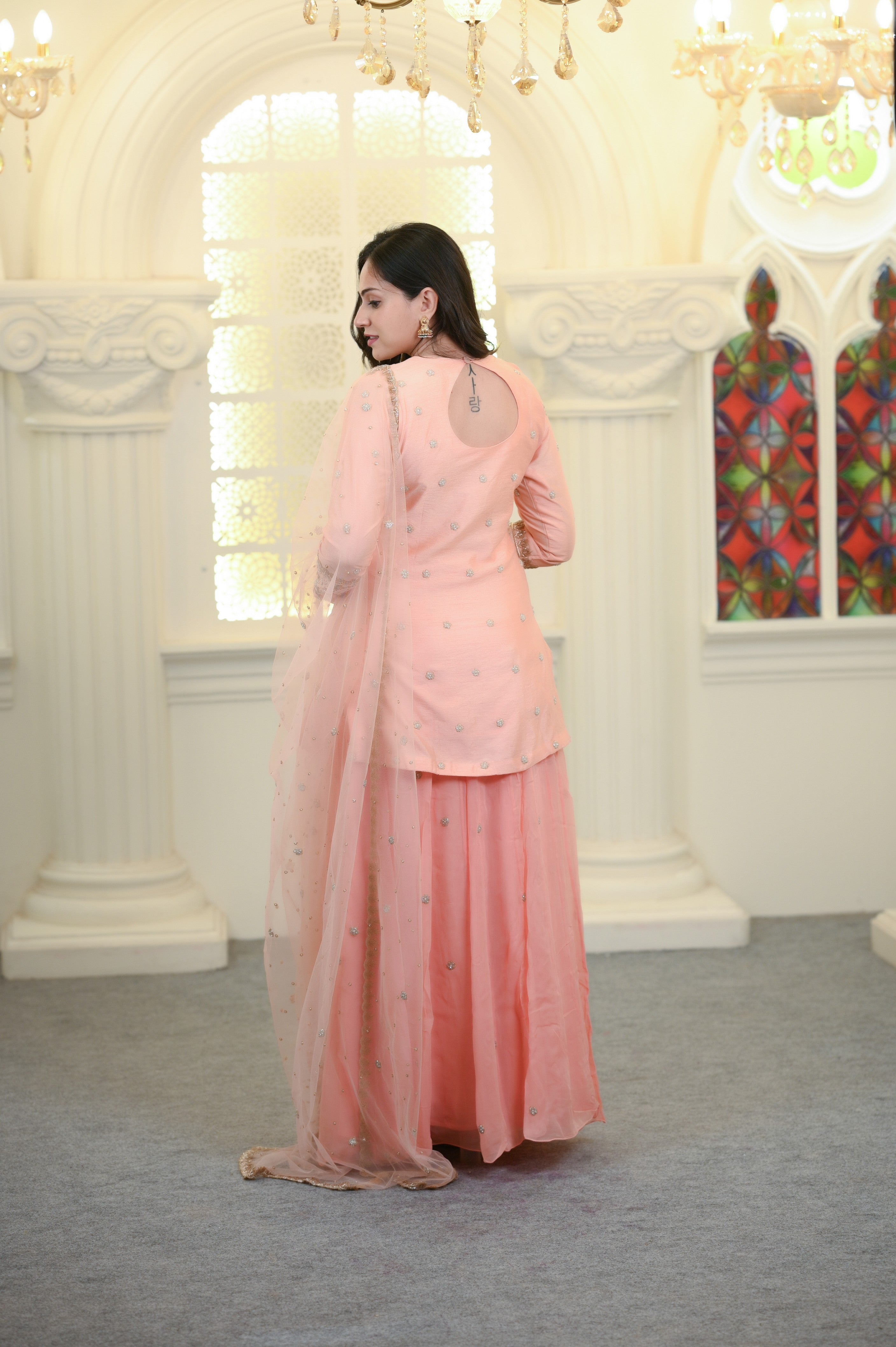 Peach Embroidered Silk Base Kurta And Skirt Set