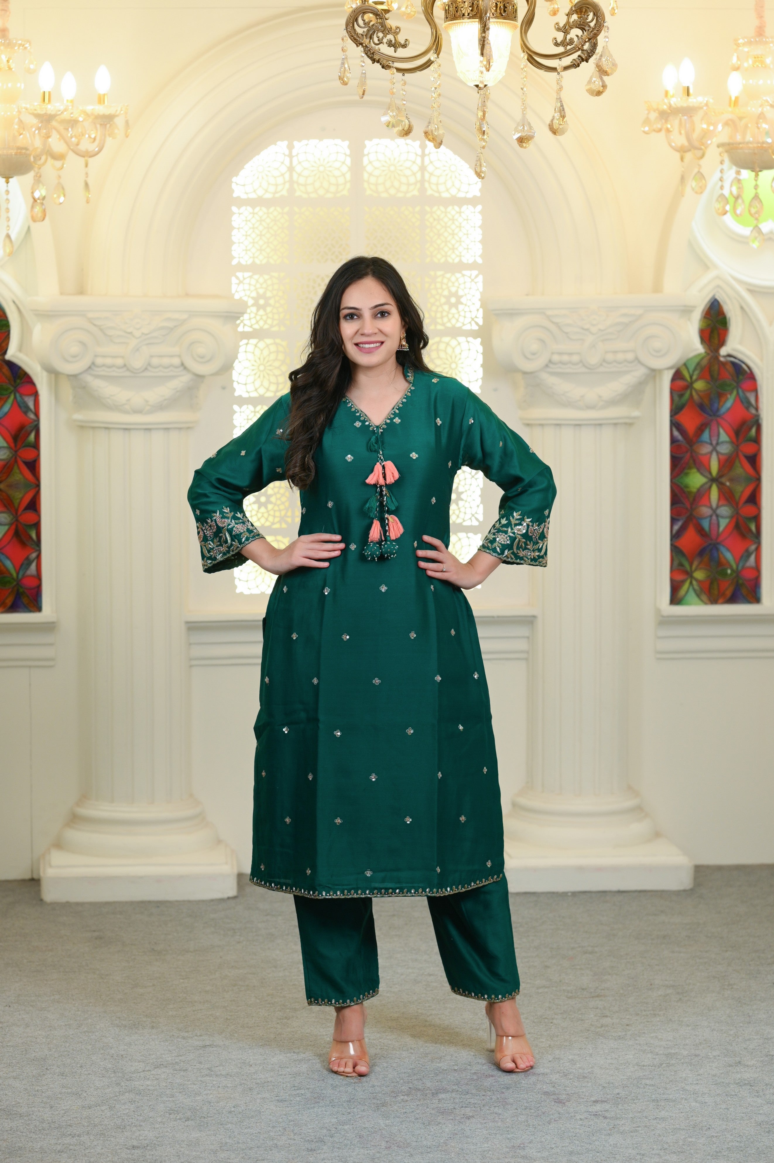 Bottle Green Embroidered Kurta and Pant Set