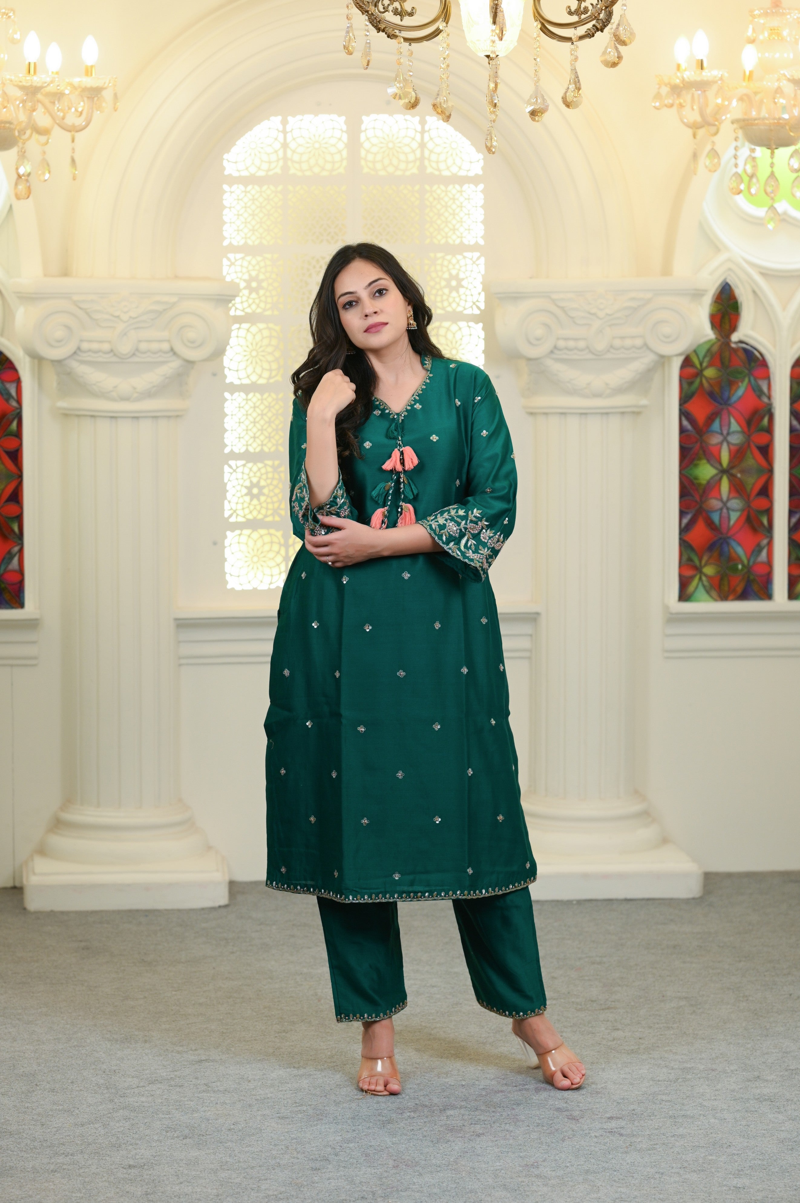 Bottle Green Embroidered Kurta and Pant Set
