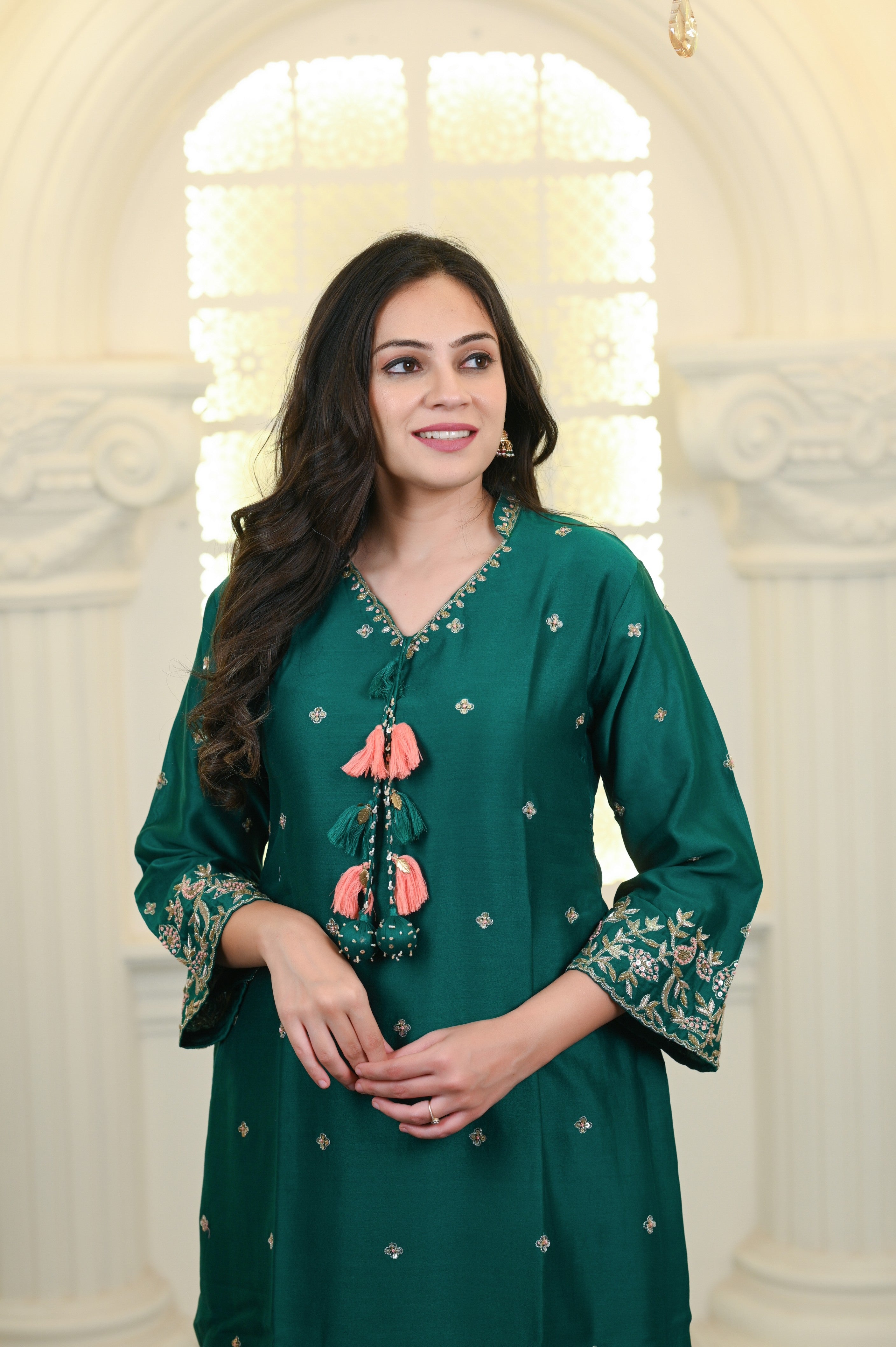 Bottle Green Embroidered Kurta and Pant Set