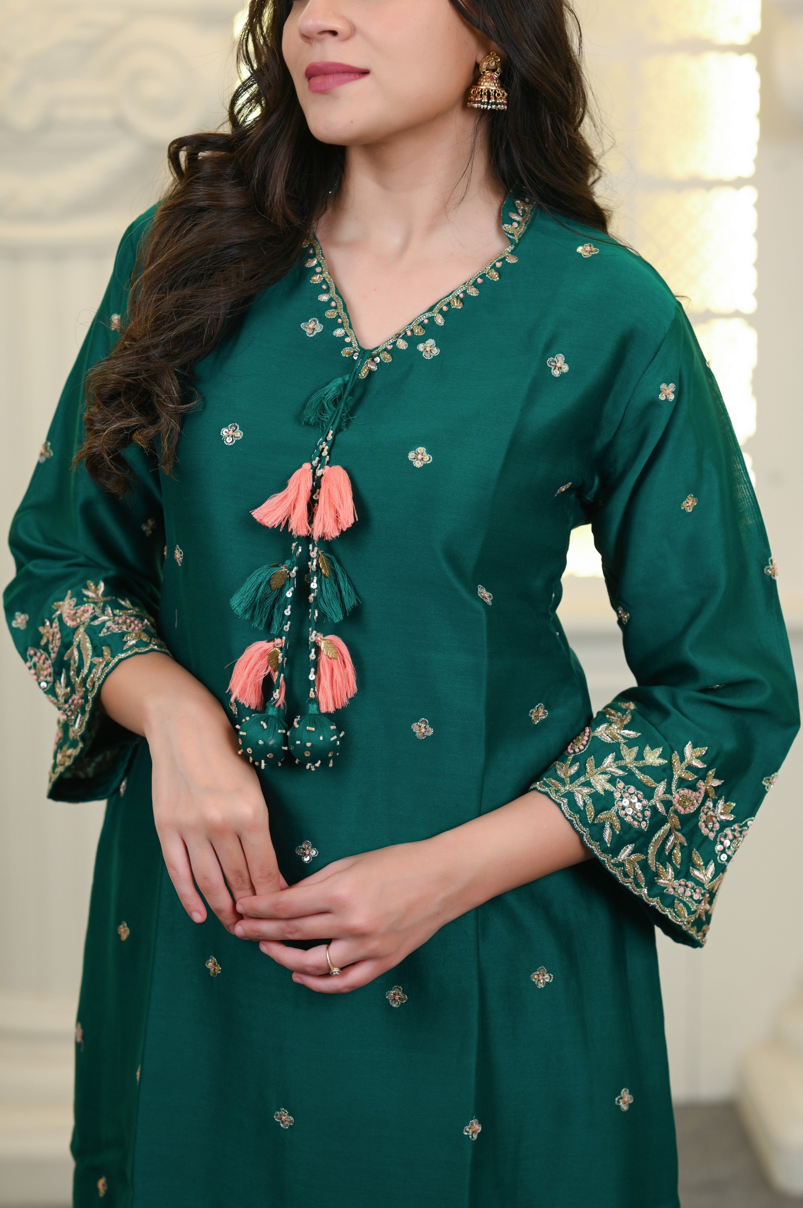 Bottle Green Embroidered Kurta and Pant Set