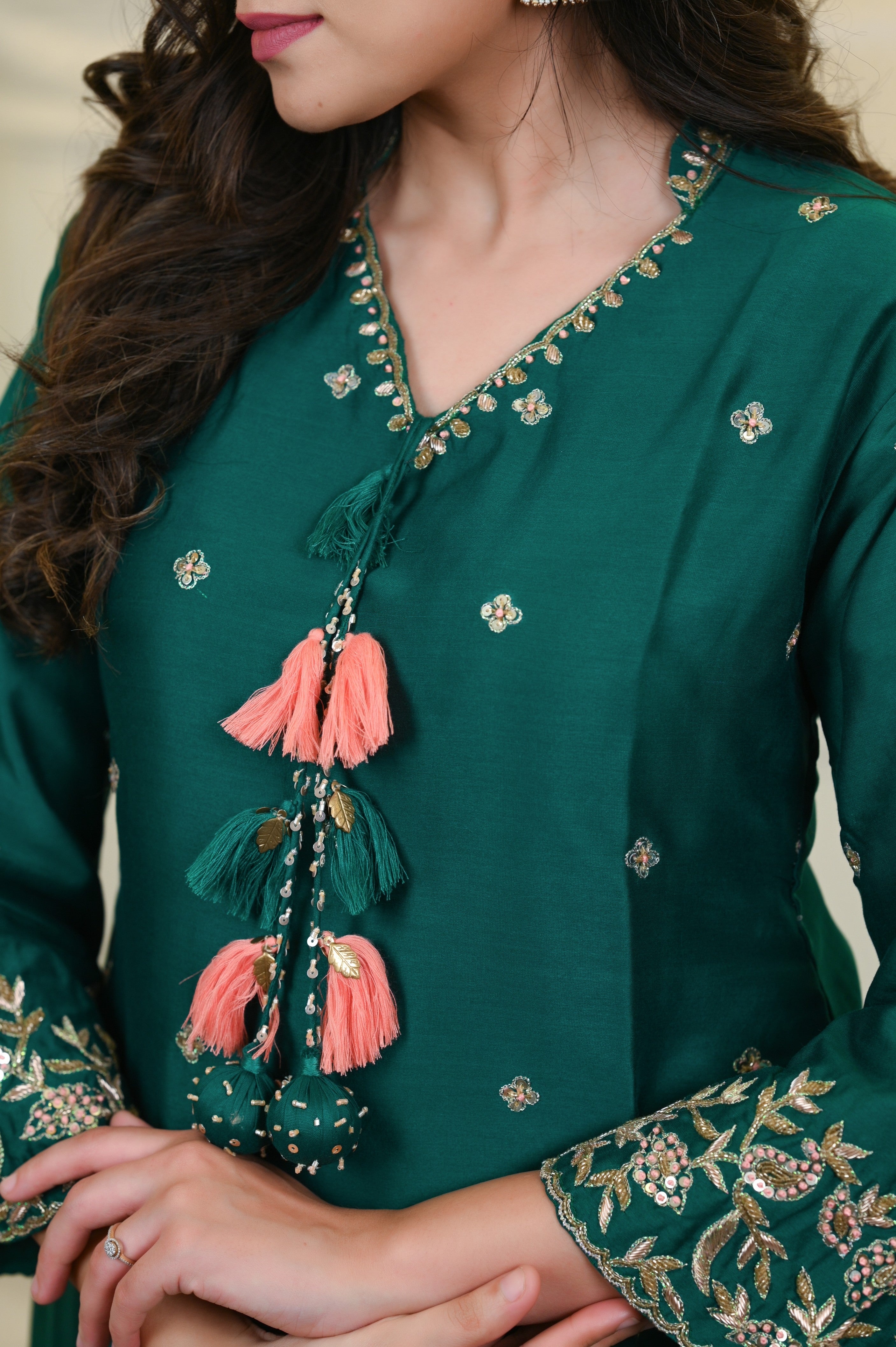 Bottle Green Embroidered Kurta and Pant Set