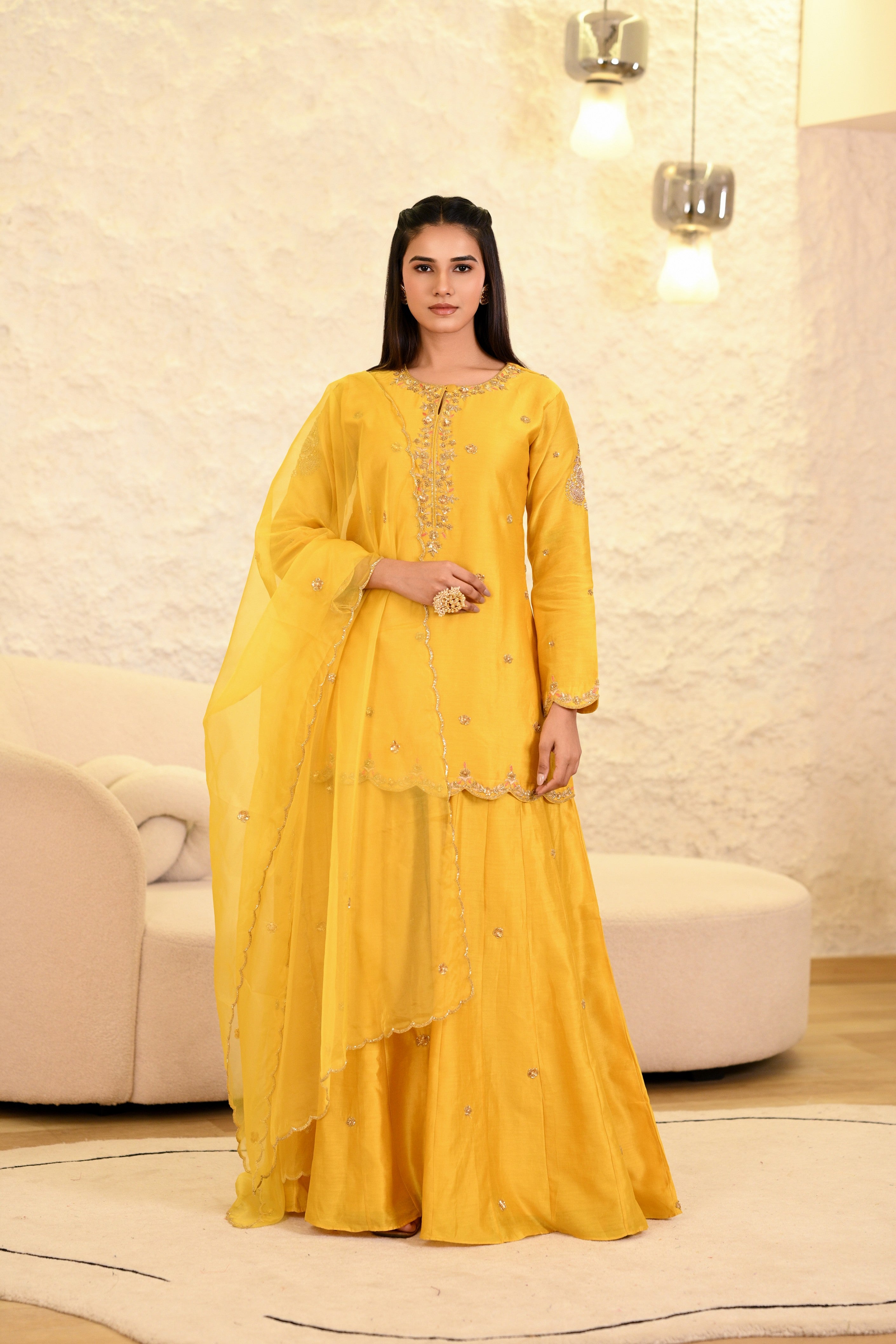 Yellow Sharara Hand Embroidered Short Kurta W/Dupatta Set