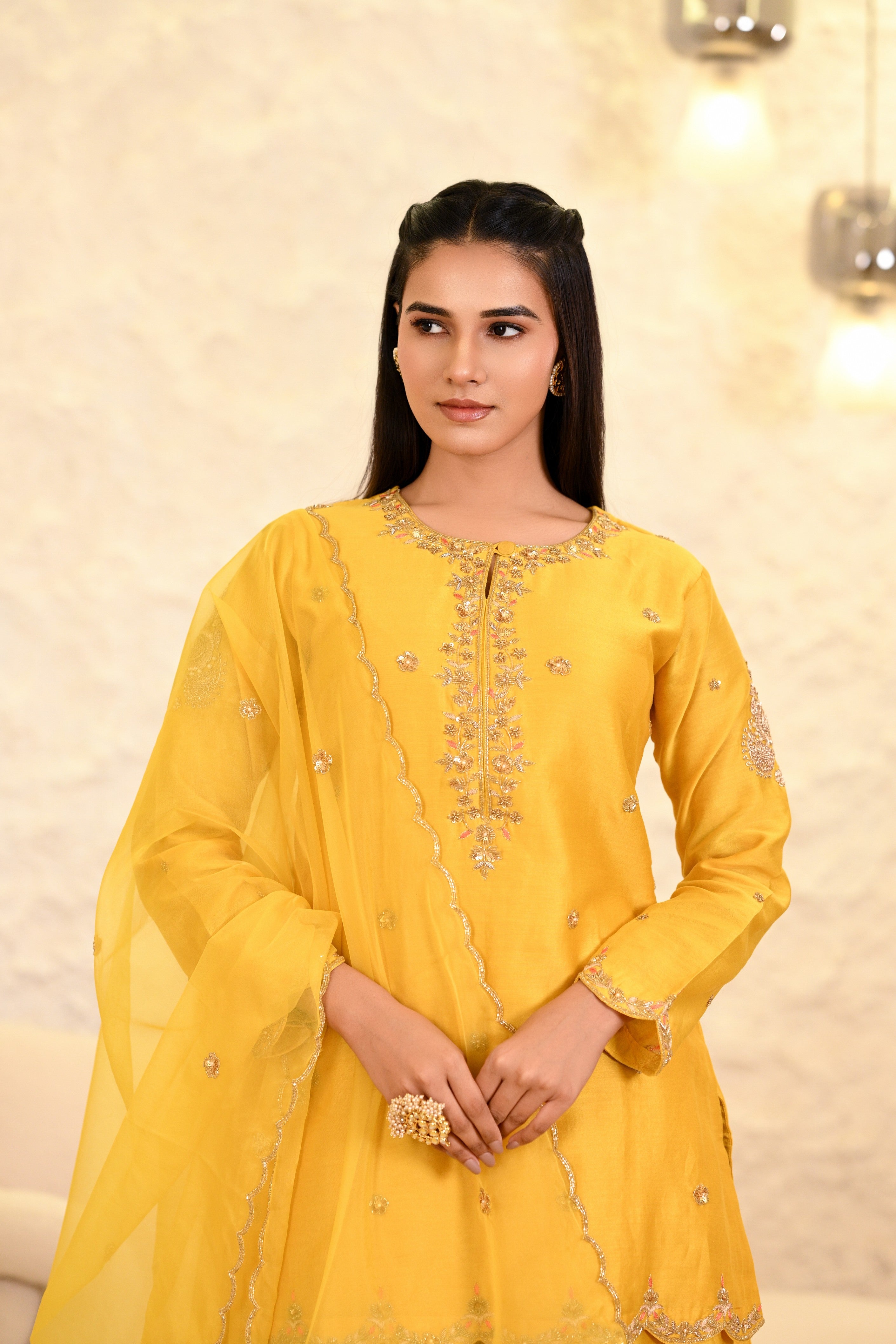 Yellow Sharara Hand Embroidered Short Kurta W/Dupatta Set