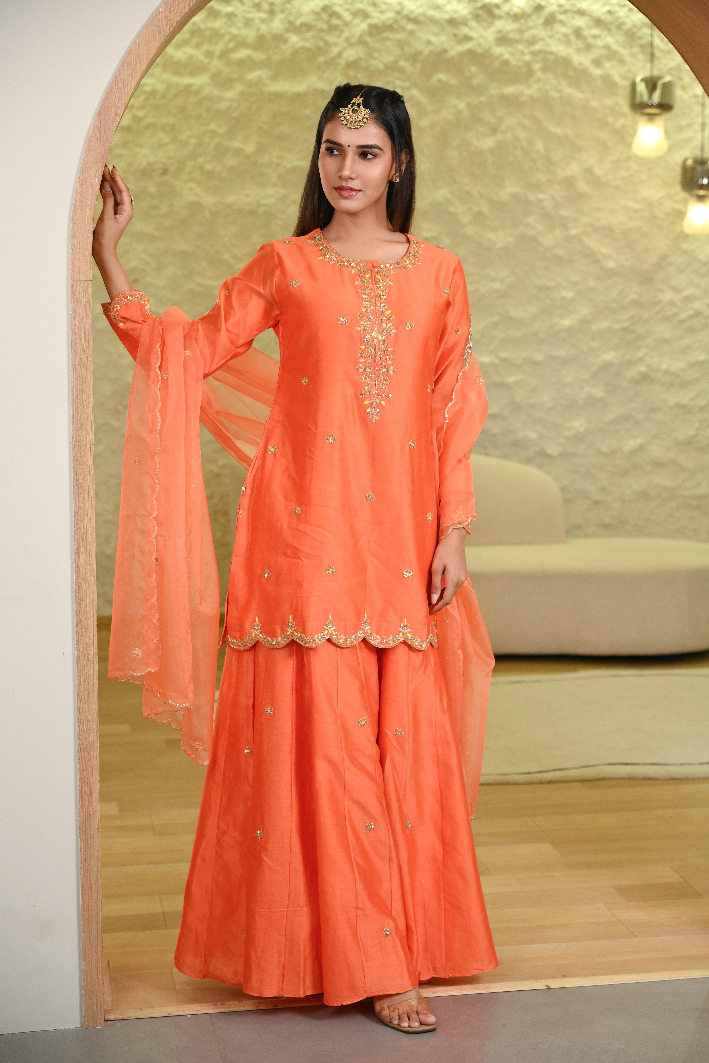 Orange Sharara Hand Embroidered Short Kurta W/Dupatta