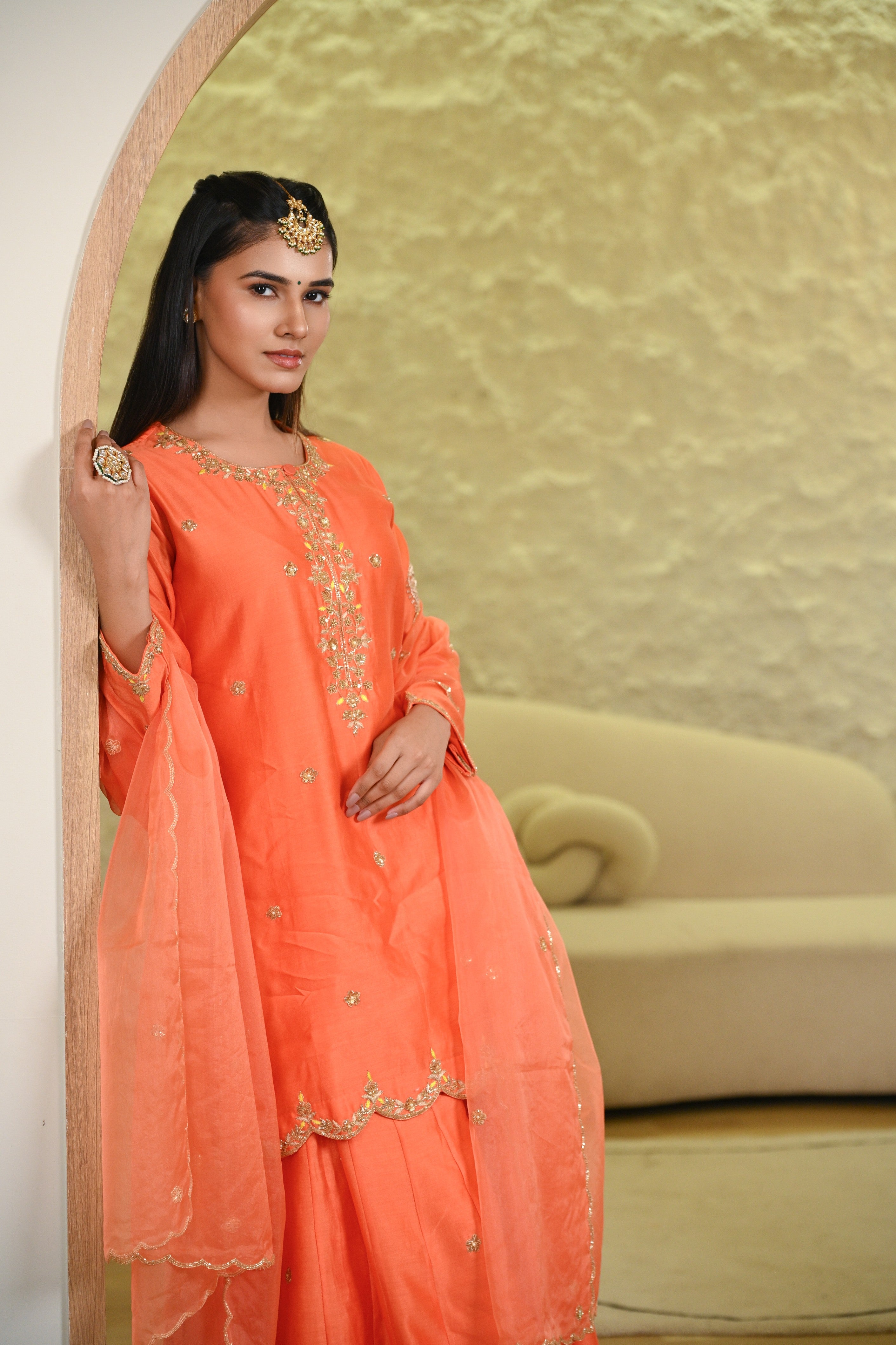 Orange Sharara Hand Embroidered Short Kurta W/Dupatta