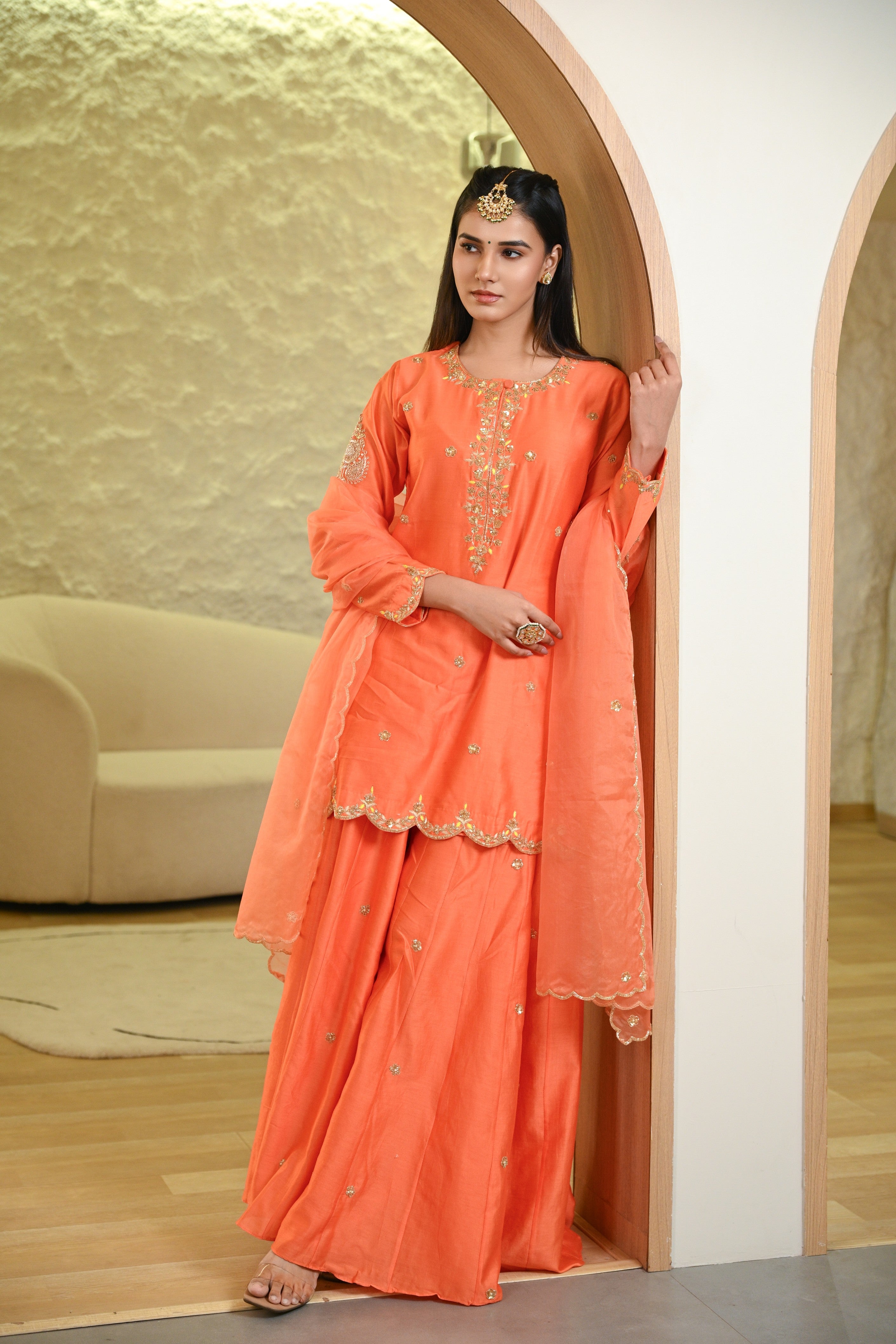 Orange Sharara Hand Embroidered Short Kurta W/Dupatta