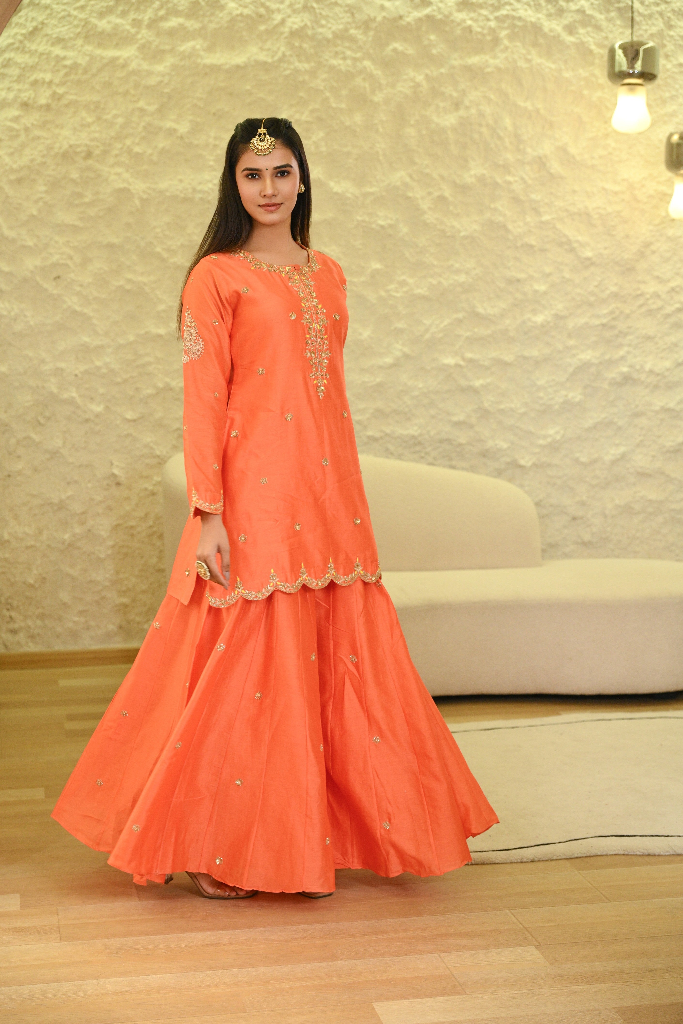 Orange Sharara Hand Embroidered Short Kurta W/Dupatta