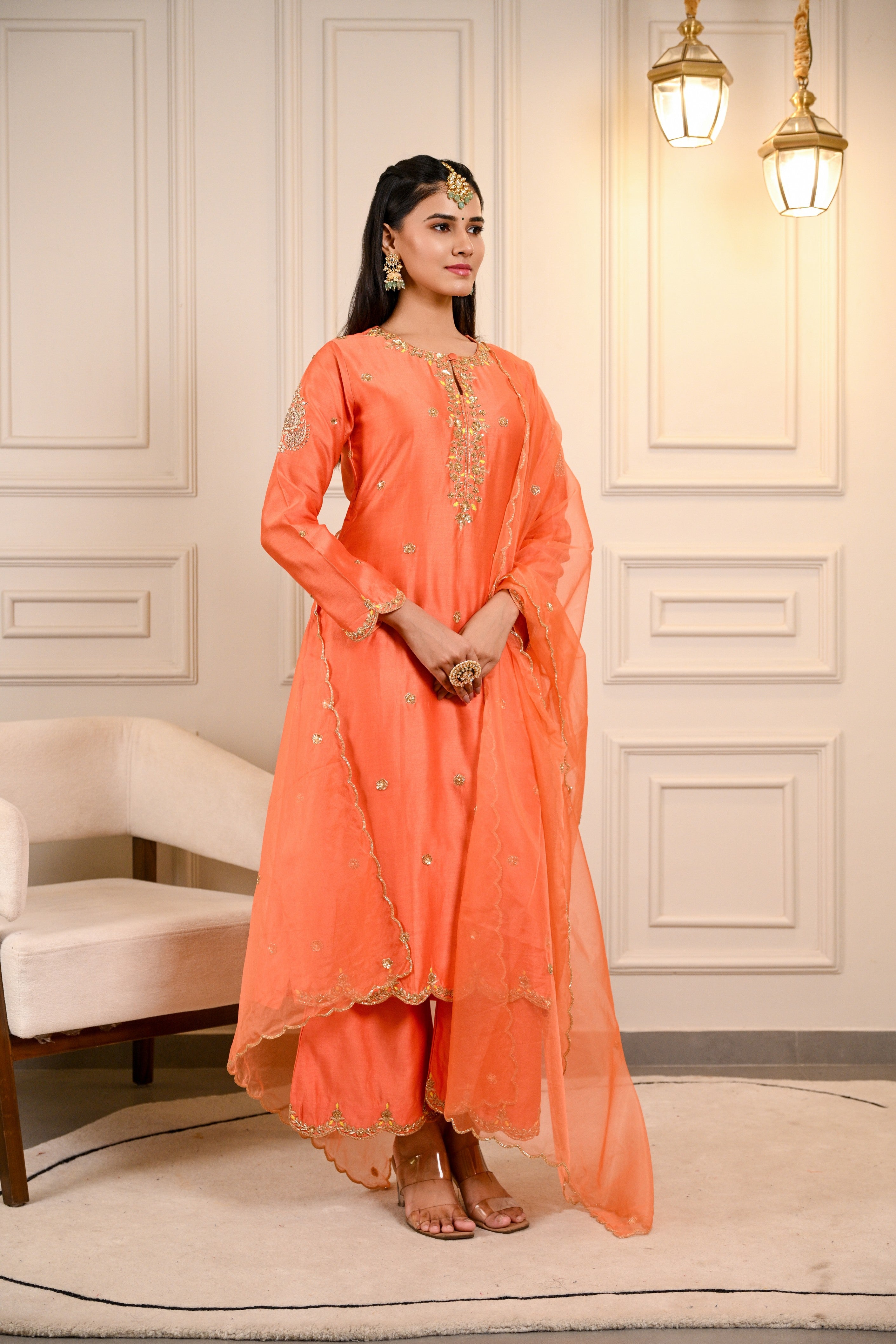 Orange Hand Embroidered A-Line Kurta W/Pant & Dupatta Set