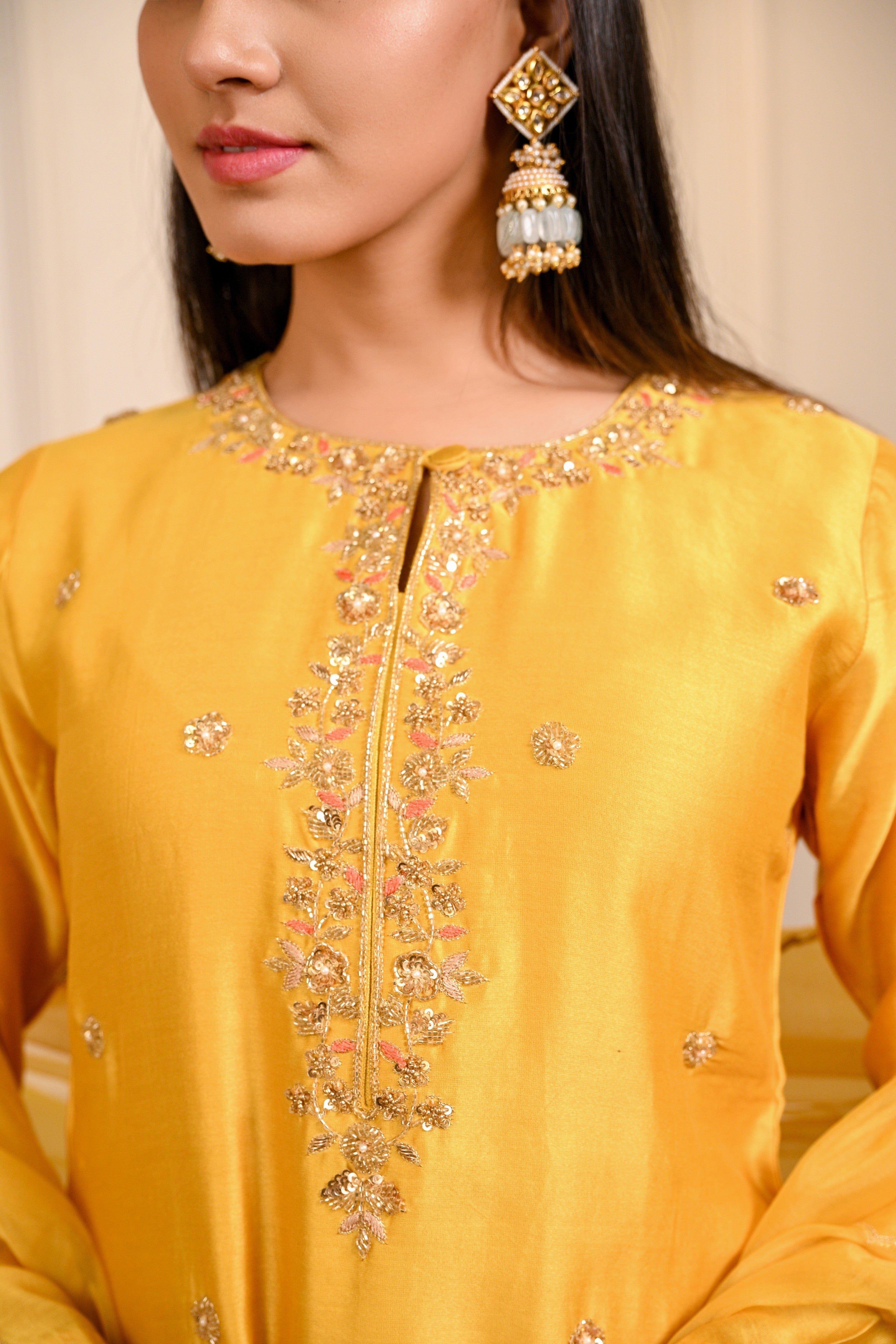 Yellow Hand Embroidered Straight Kurta W/Pant & Dupatta Set