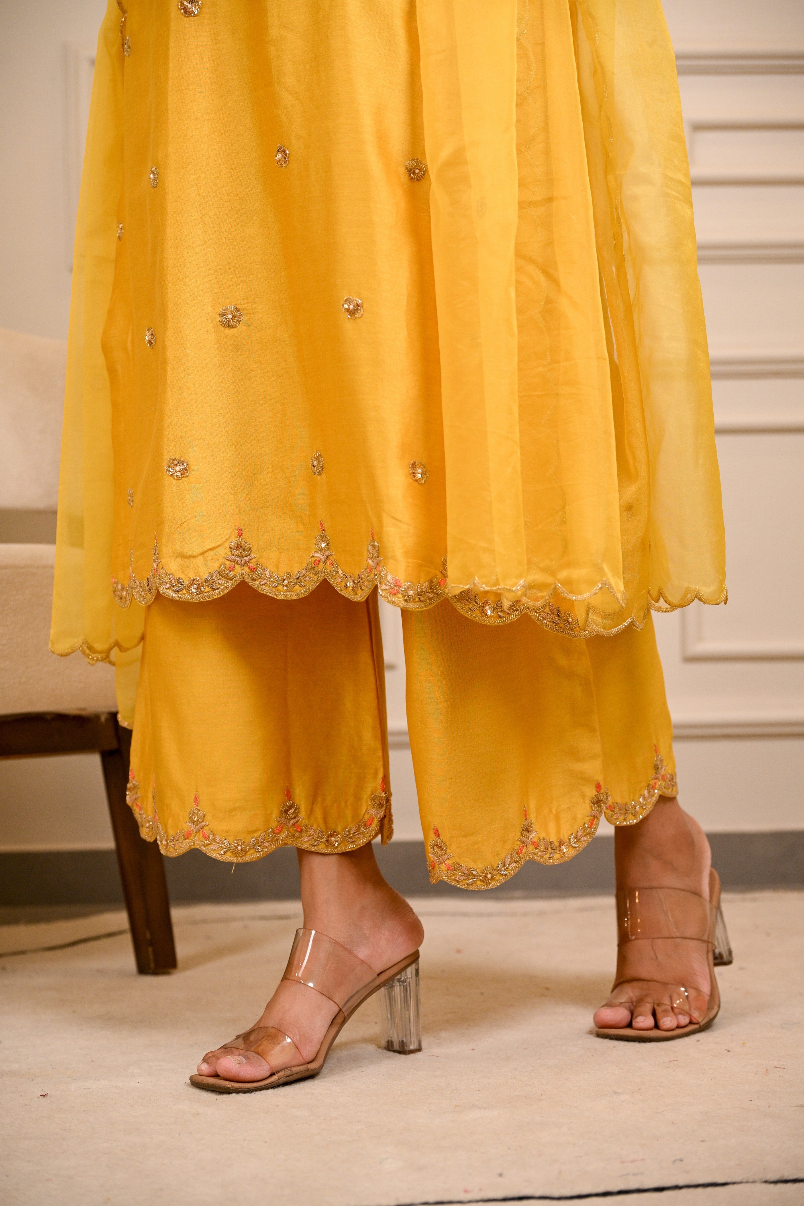 Yellow Hand Embroidered Straight Kurta W/Pant & Dupatta Set