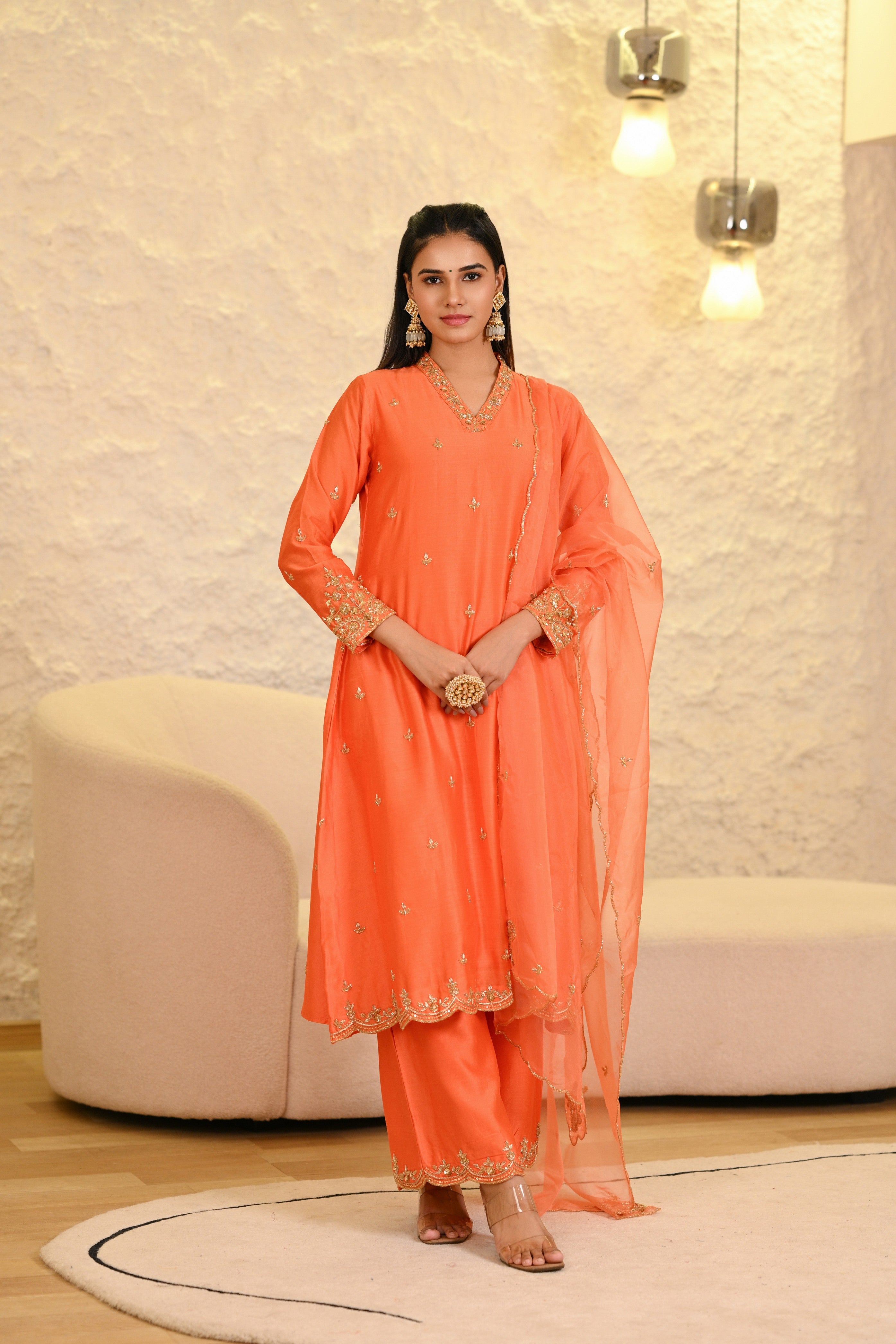 Orange Straight Kurta W/Pant & Dupatta Set